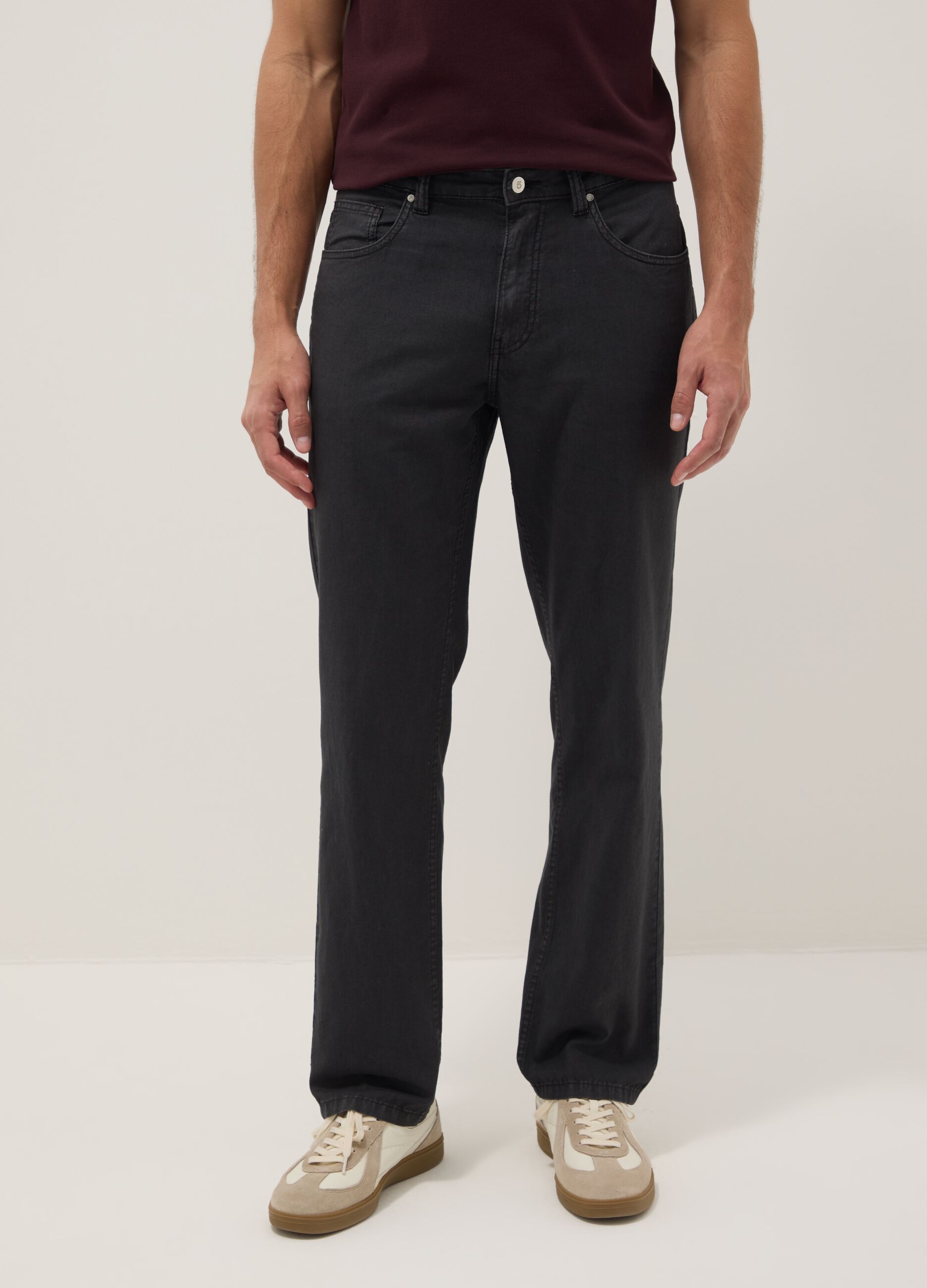 Black casual linen-cotton blend regular-fit trousers
