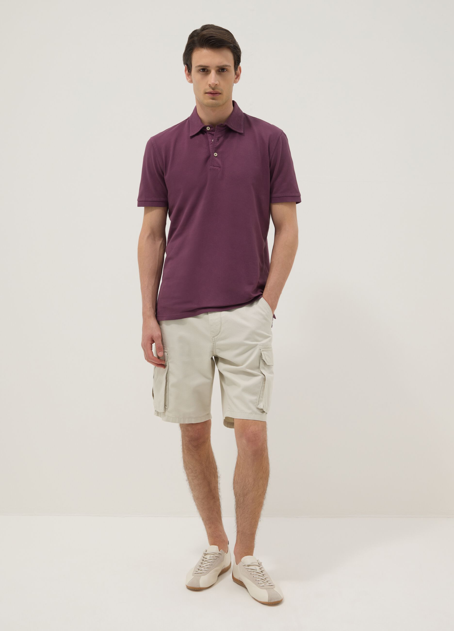 White pure cotton cargo Bermuda shorts, regular fit