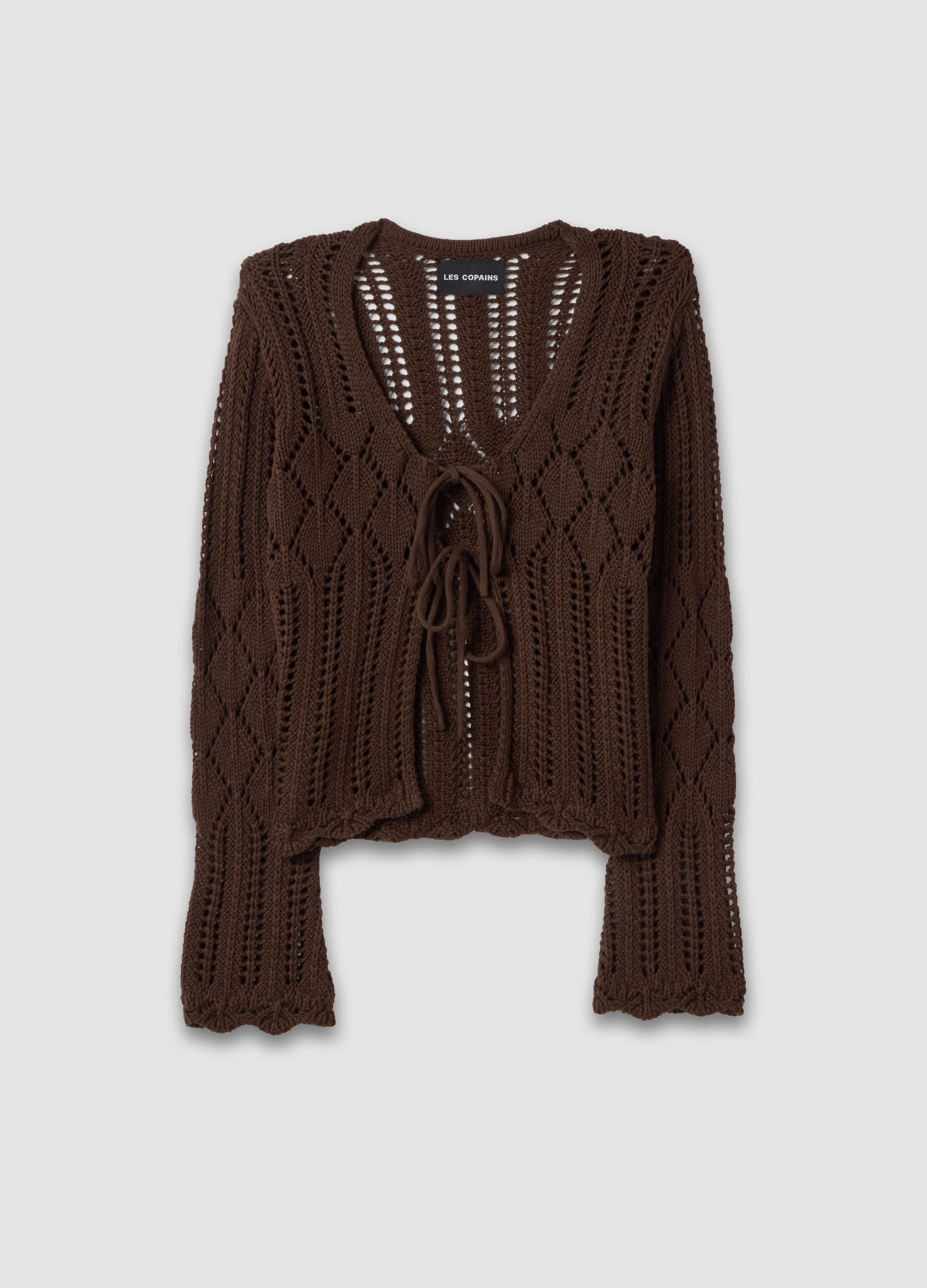 Brown pure cotton regular fit deep V openwork cardigan