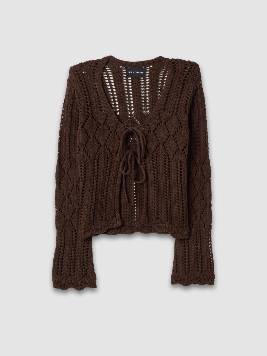 Cardigan traforato deep V in crochet di puro cotone marrone regular fit_4
