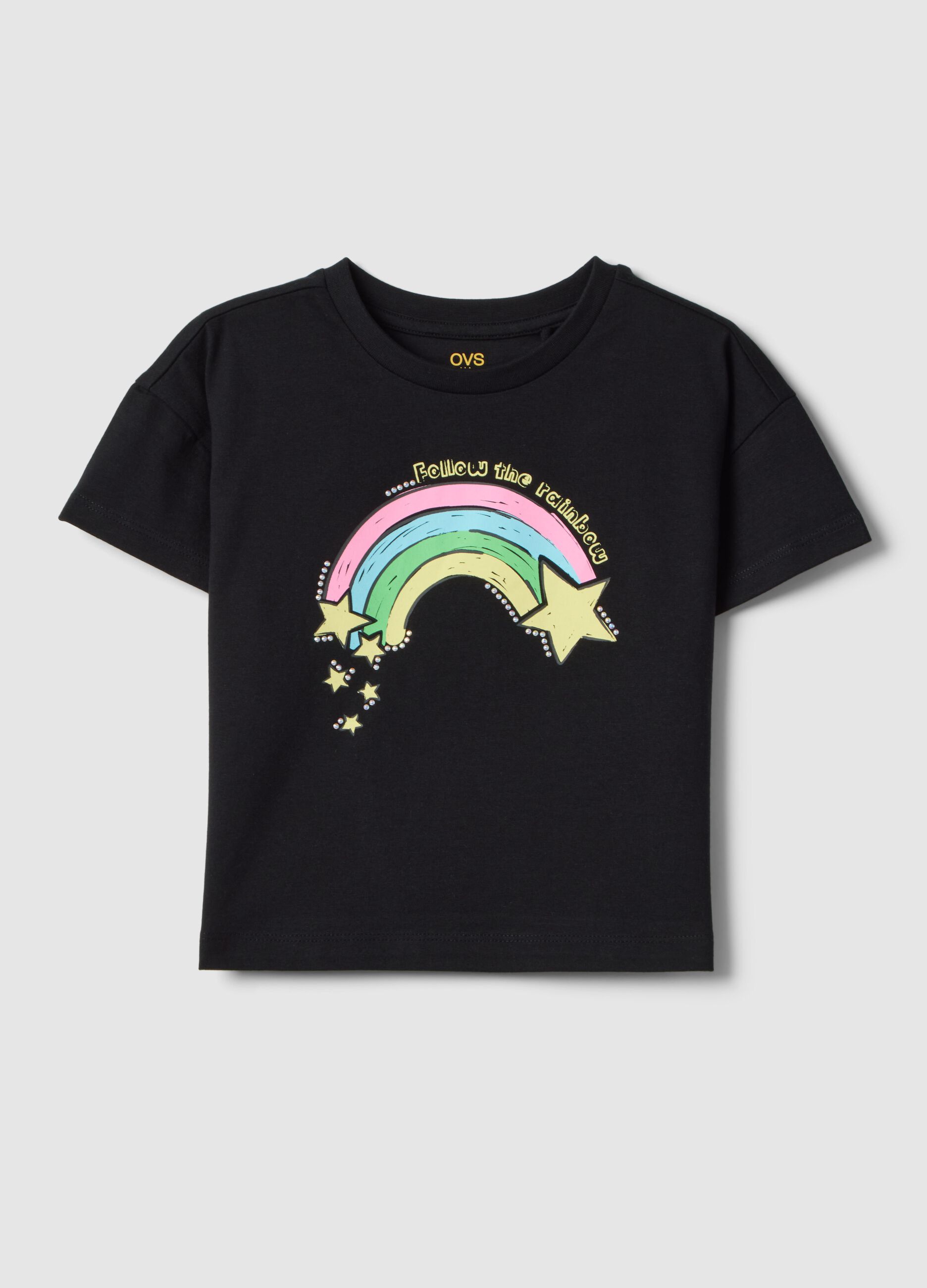 T-shirt in puro cotone nero da bambina regular fit con arcobaleno