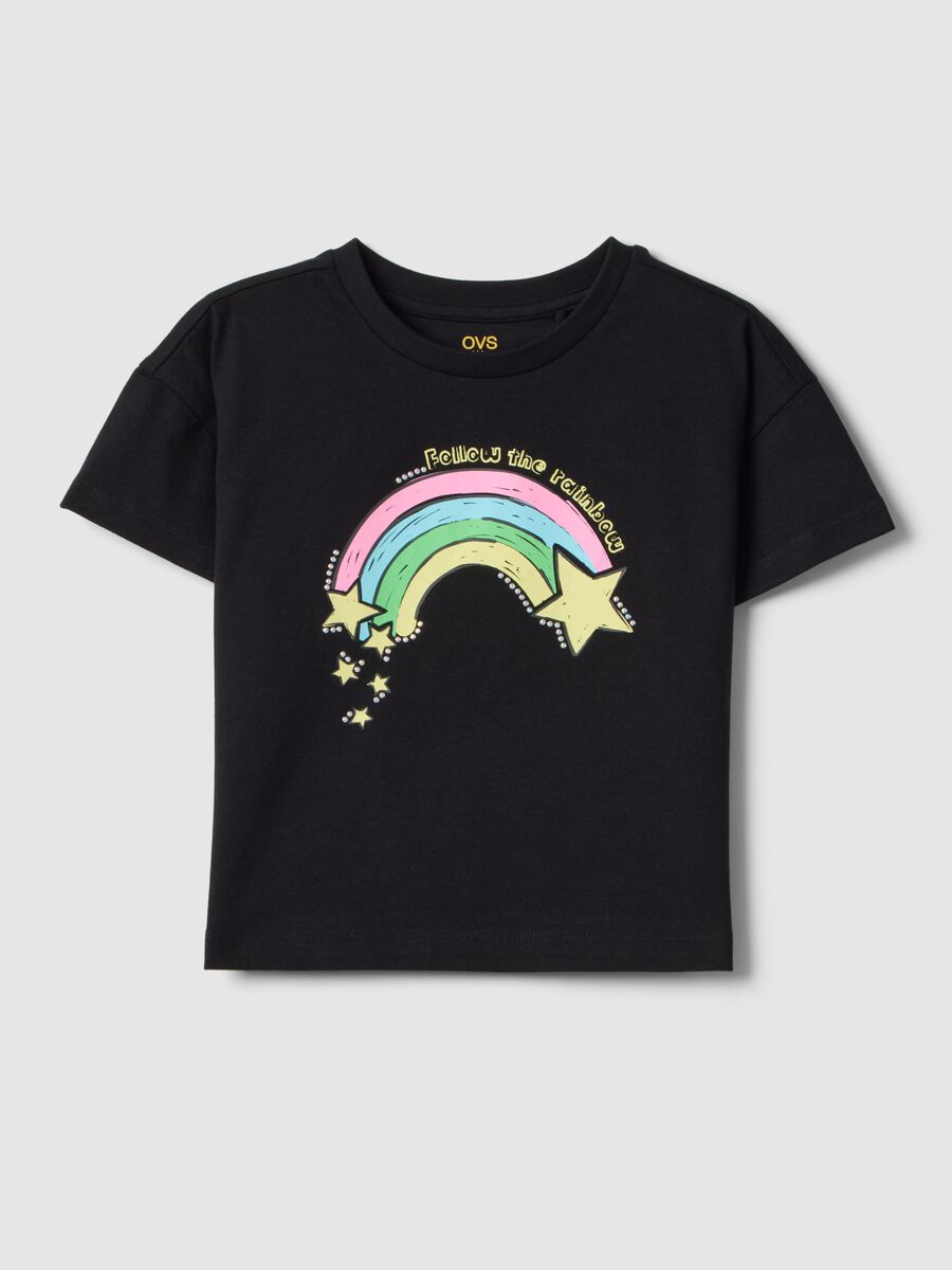 Girls' black regular fit pure cotton t-shirt with rainbow_0