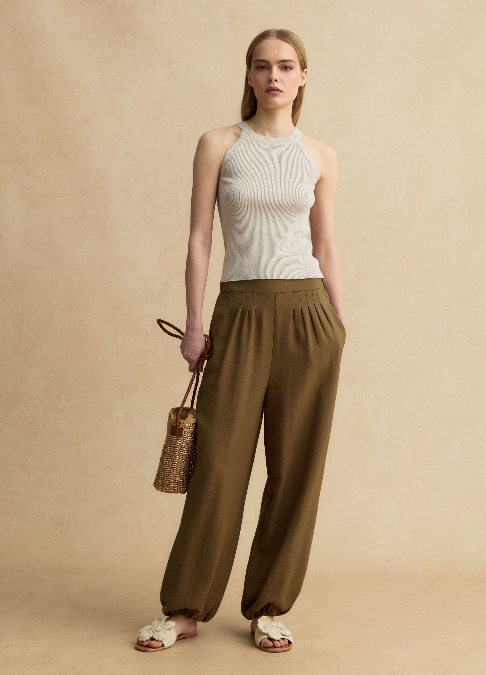 Tank top fitted in misto viscosa beige