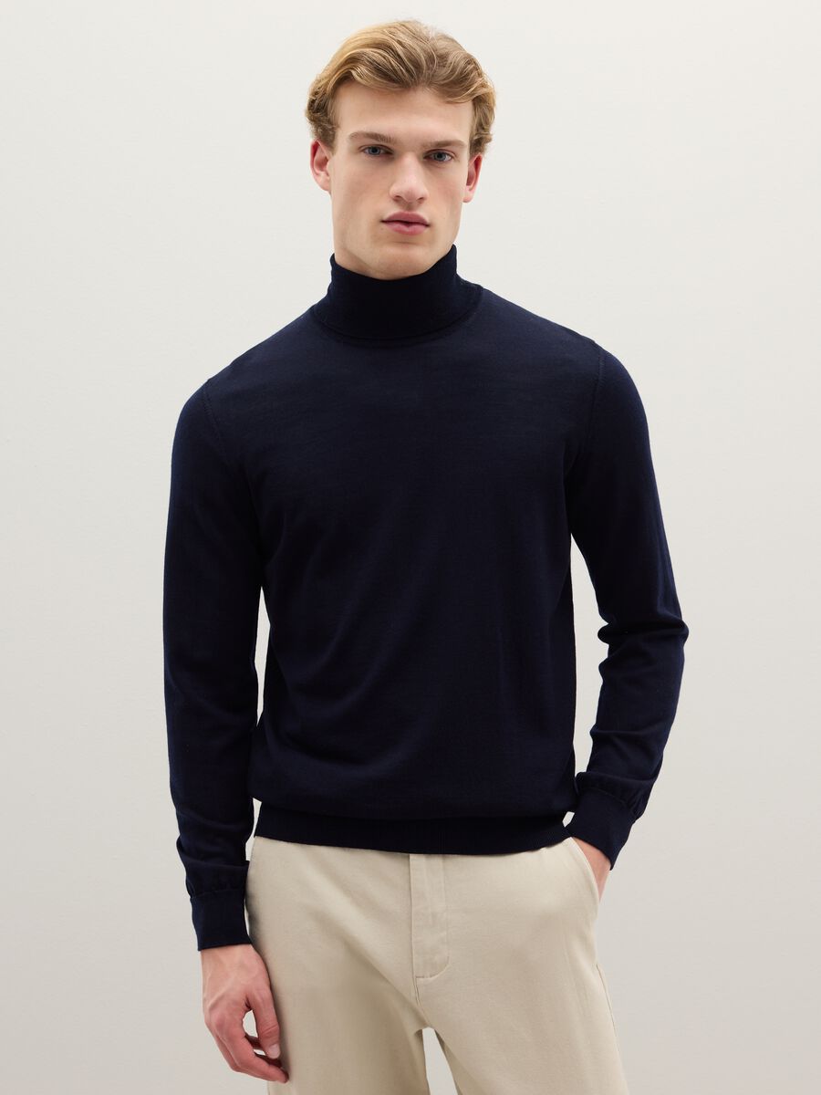 Blue high-neck sweater in pure merino wool regular fit_1