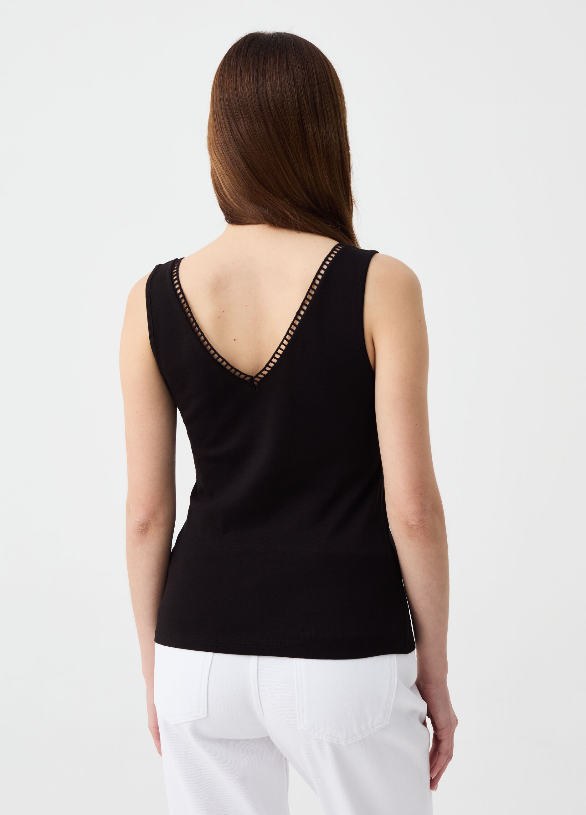 Tank top with V neck and openwork edging