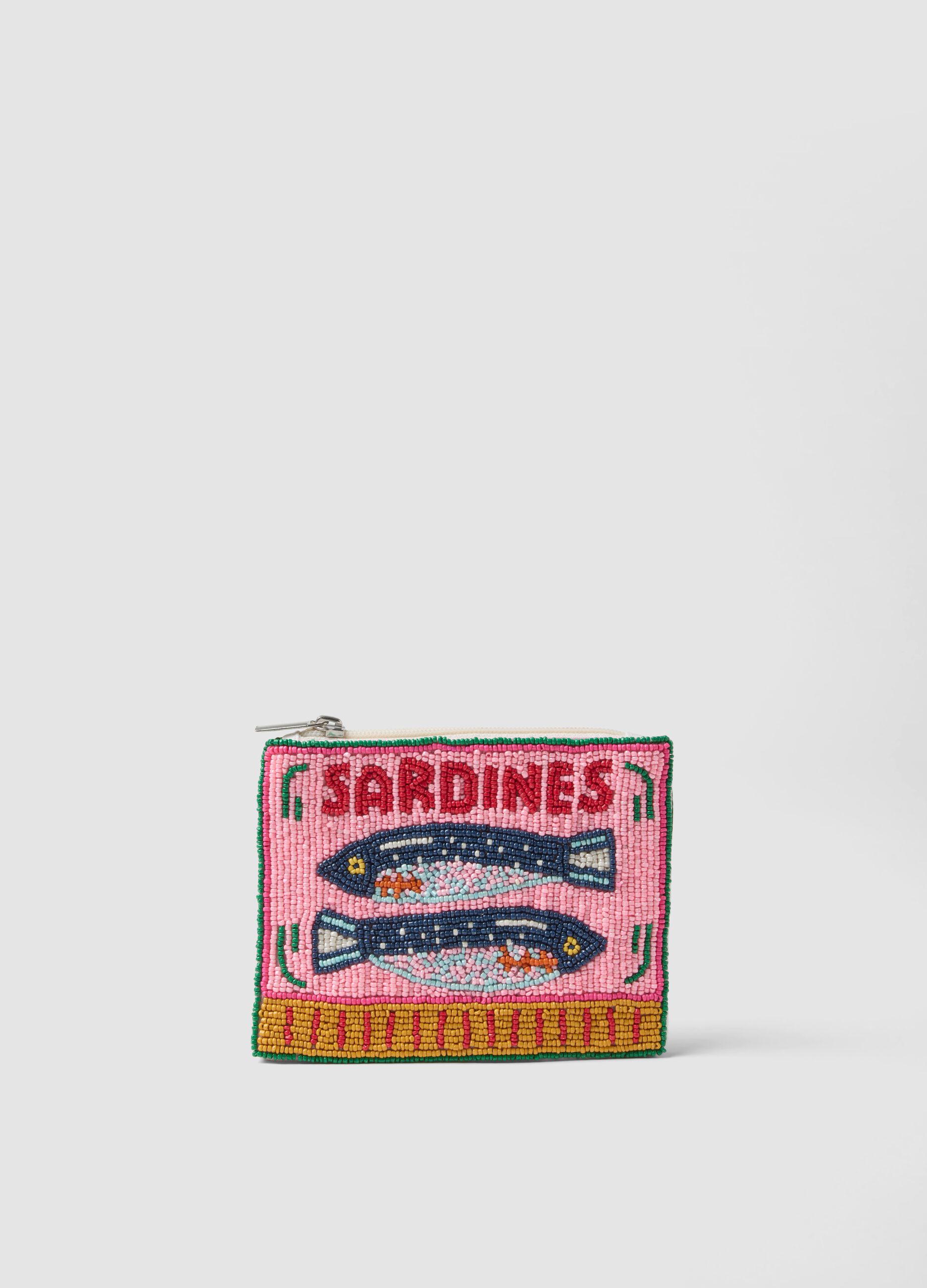 Multicoloured beaded coin purse with sardine motif