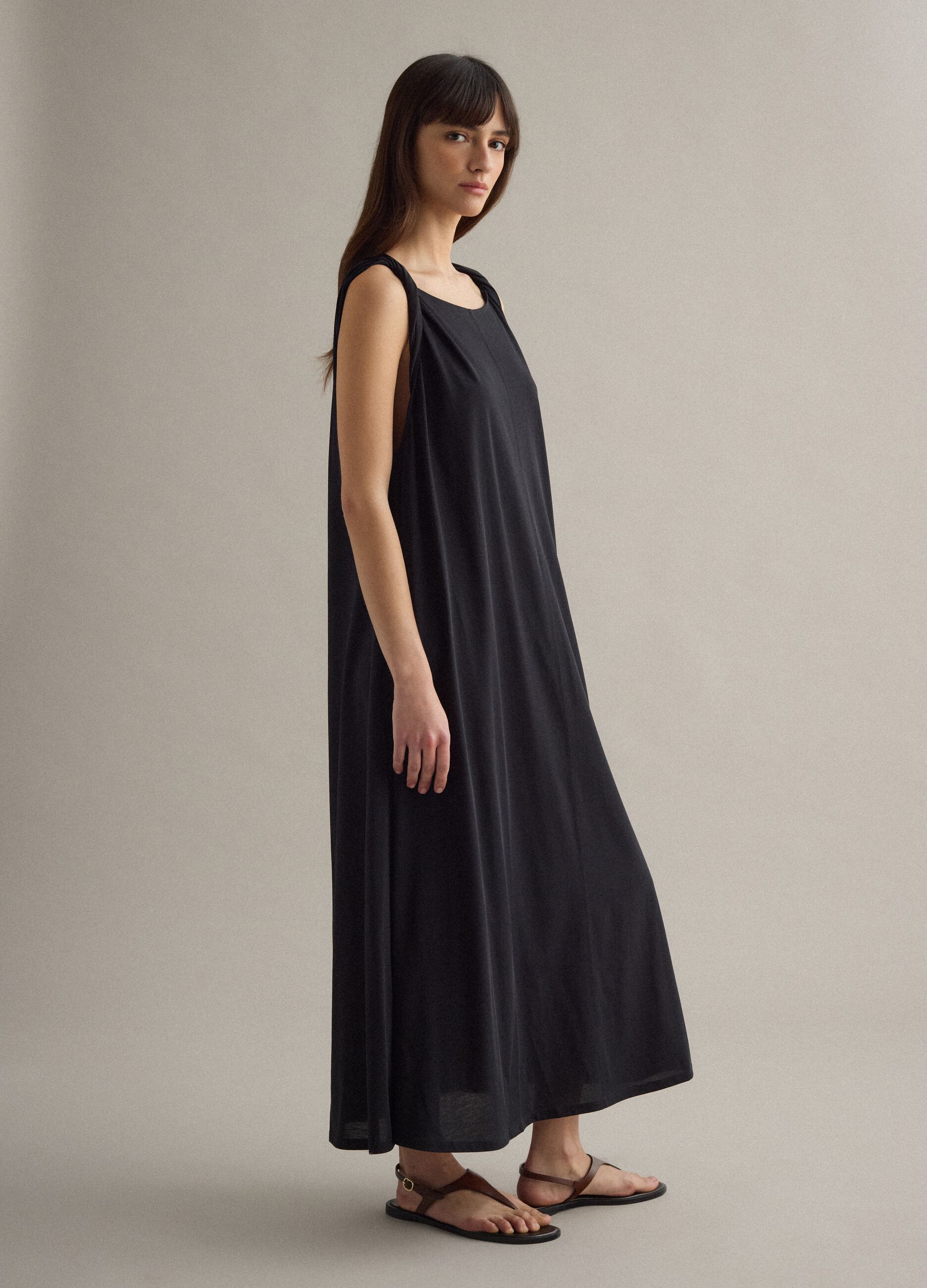 Long black cotton-blend dress, regular fit