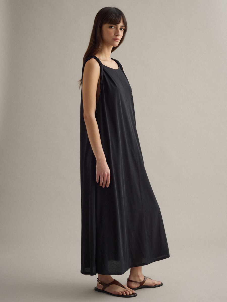Long black cotton-blend dress, regular fit_0