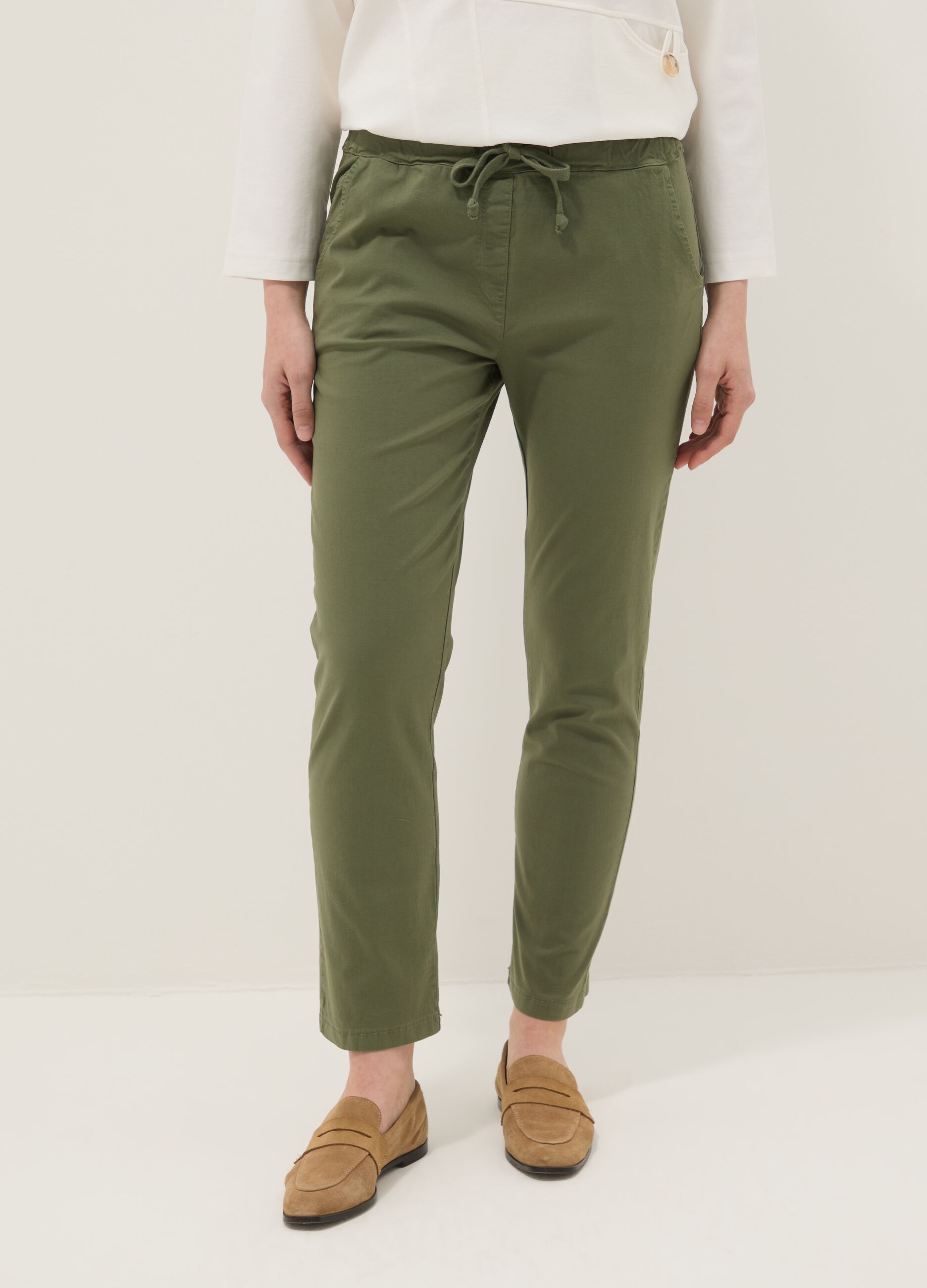 Green stretch-cotton trousers with drawstring