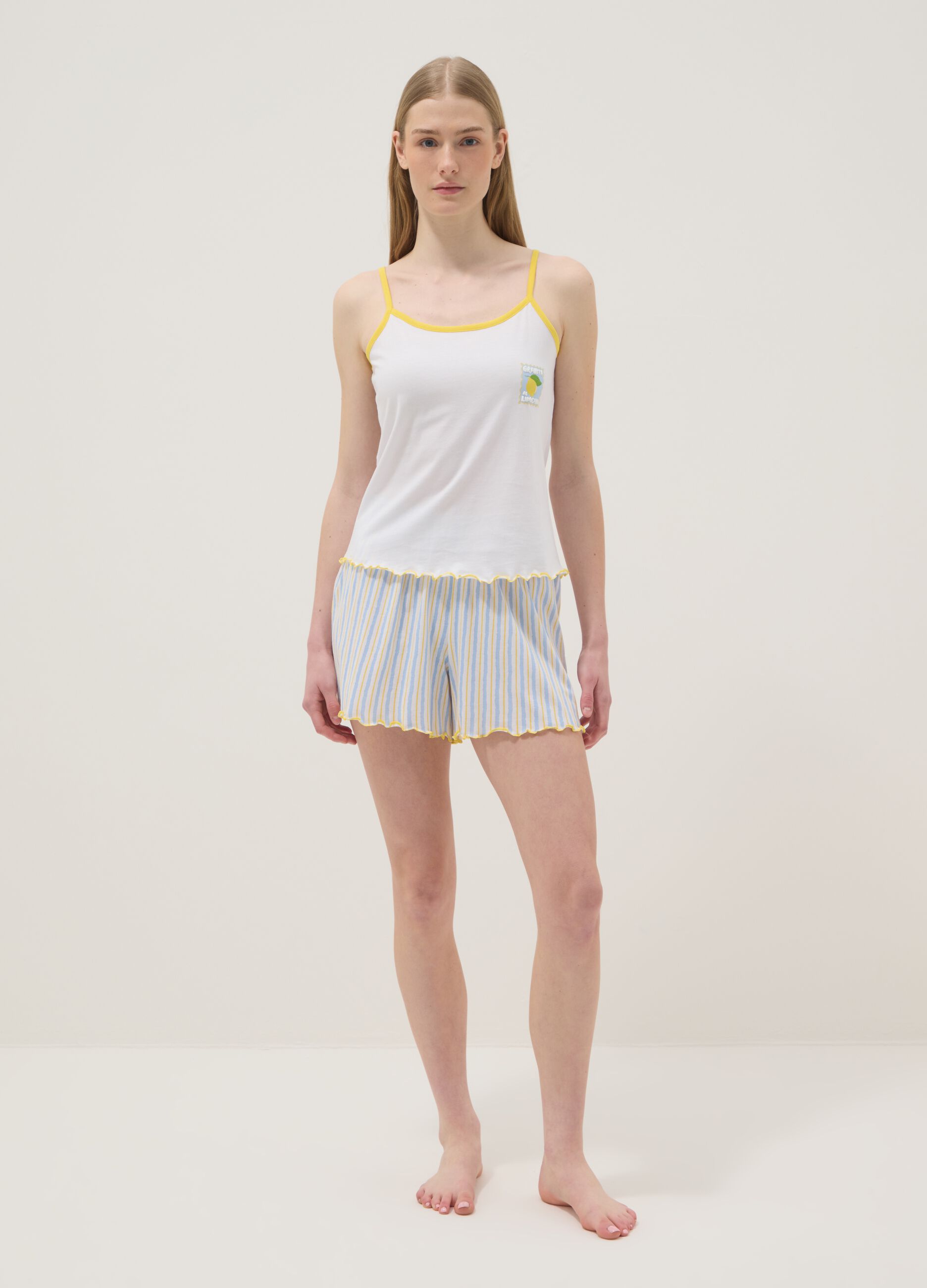 Multicolour pure cotton short pyjamas, regular fit, with gathered trims