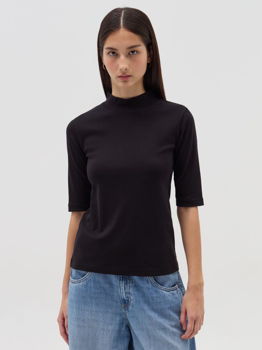 T-shirt mock neck con maniche al gomito_0