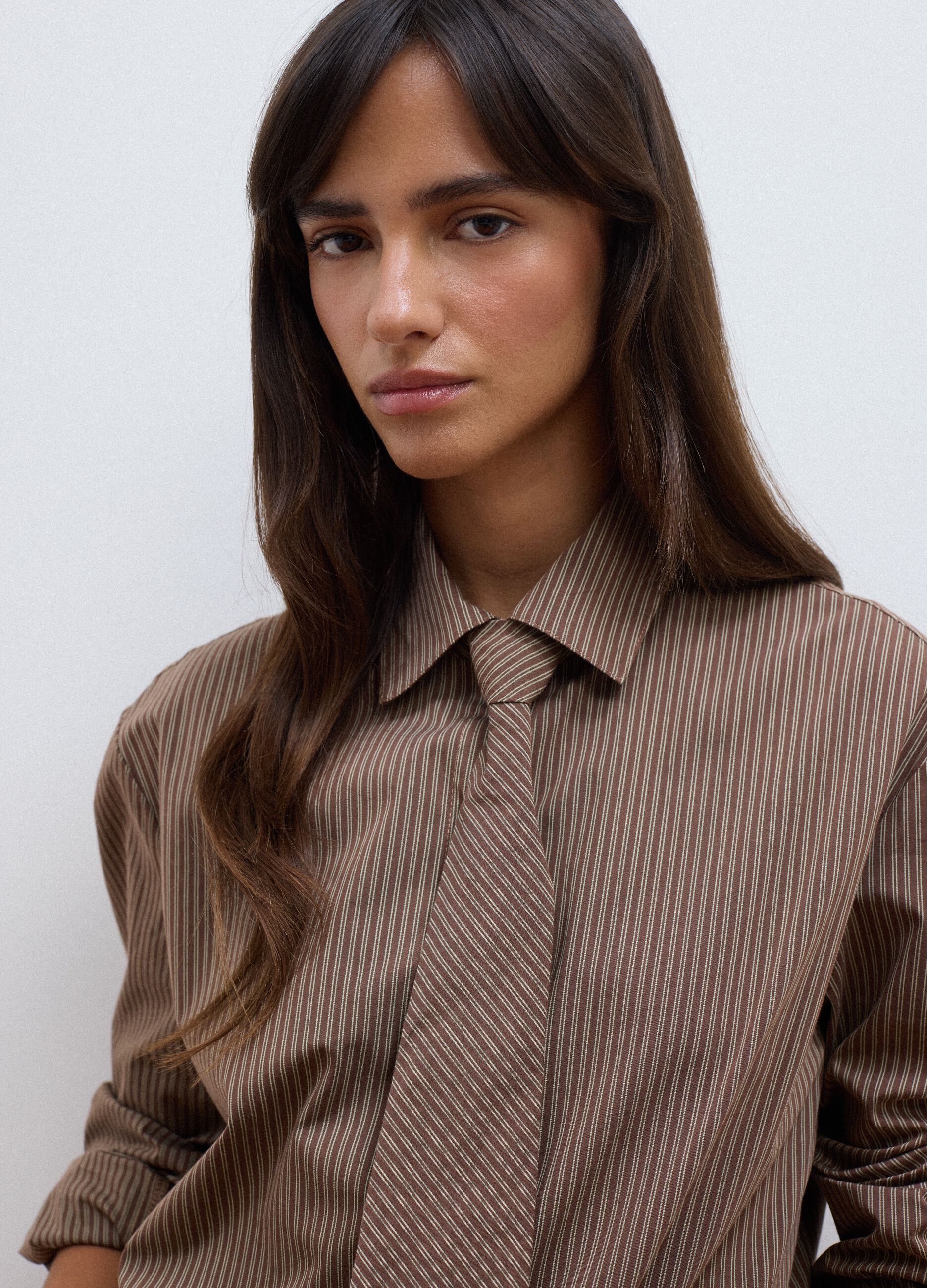 Brown striped stretch-cotton shirt with matching tie