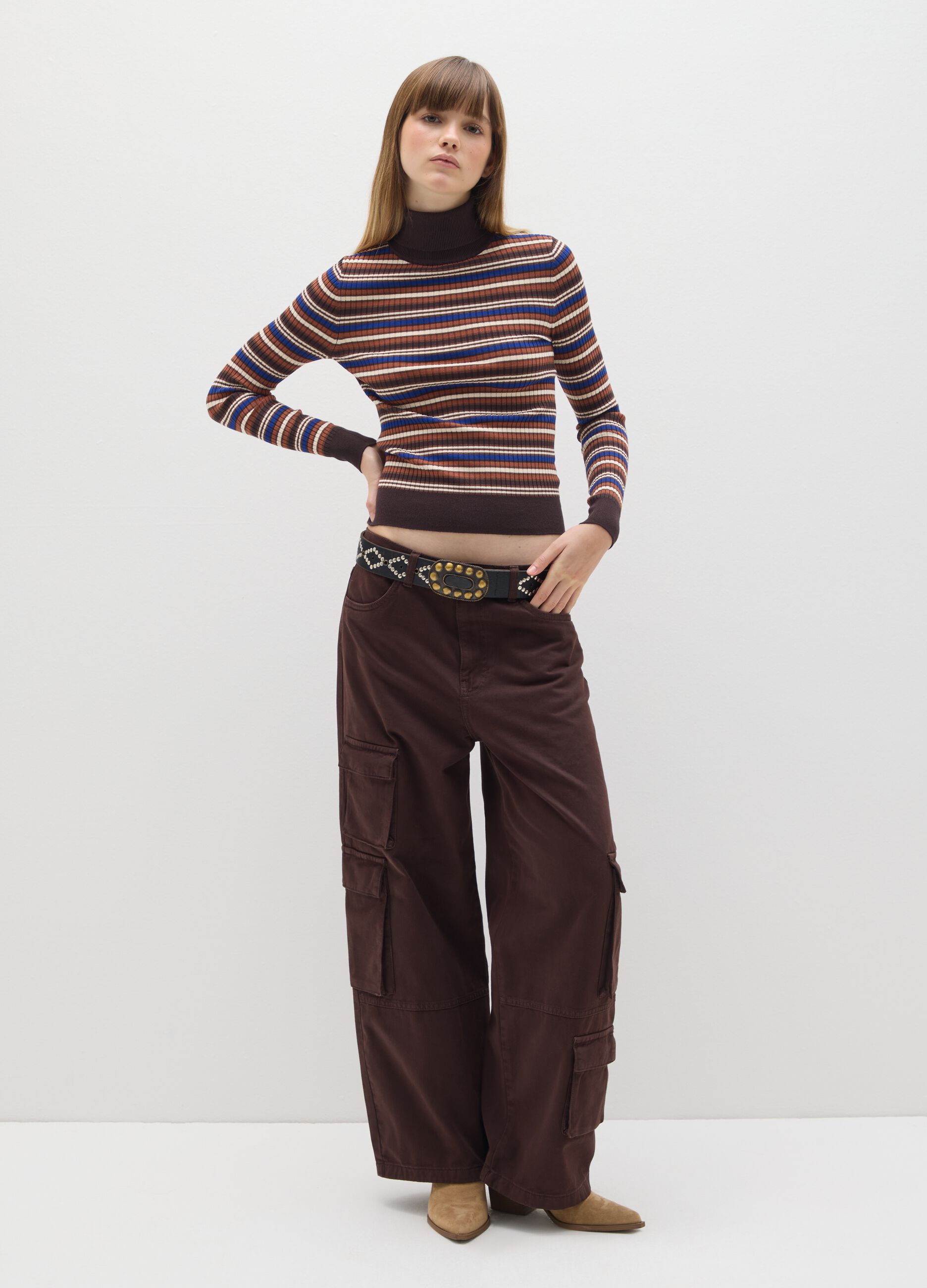Brown Striped Turtleneck Sweater