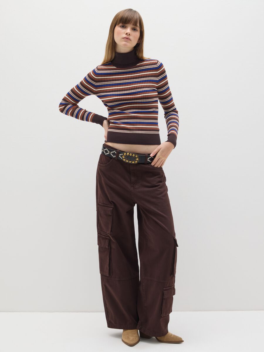 Brown Striped Turtleneck Sweater_1