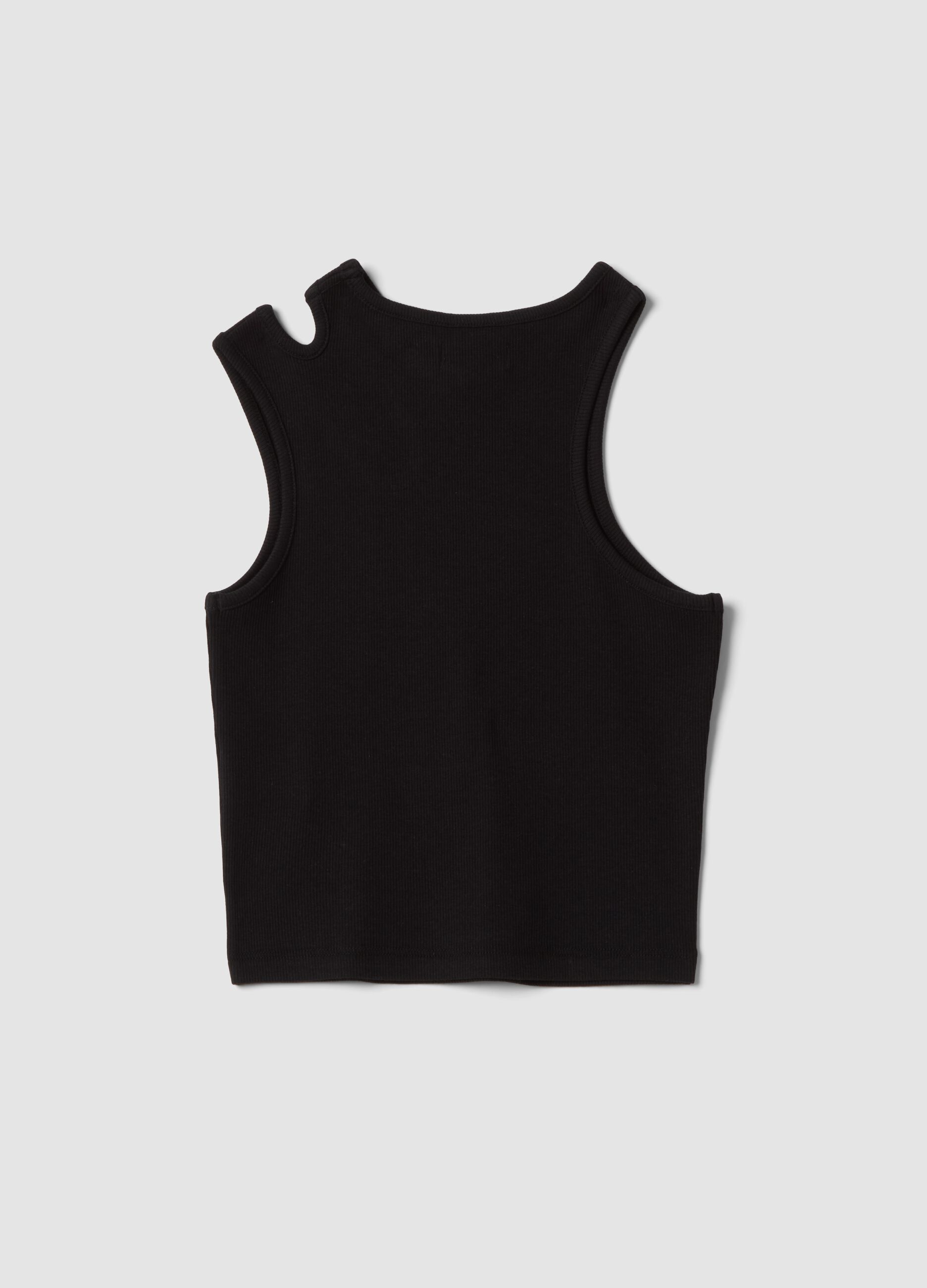 Black organic cotton tank top with asymmetric shoulder