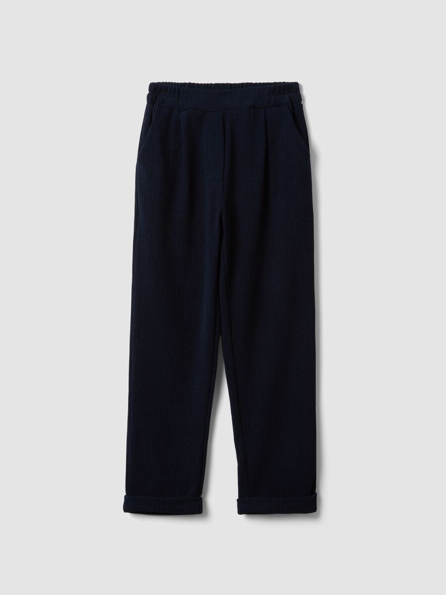 Navy blue ribbed stretch regular-fit trousers_0