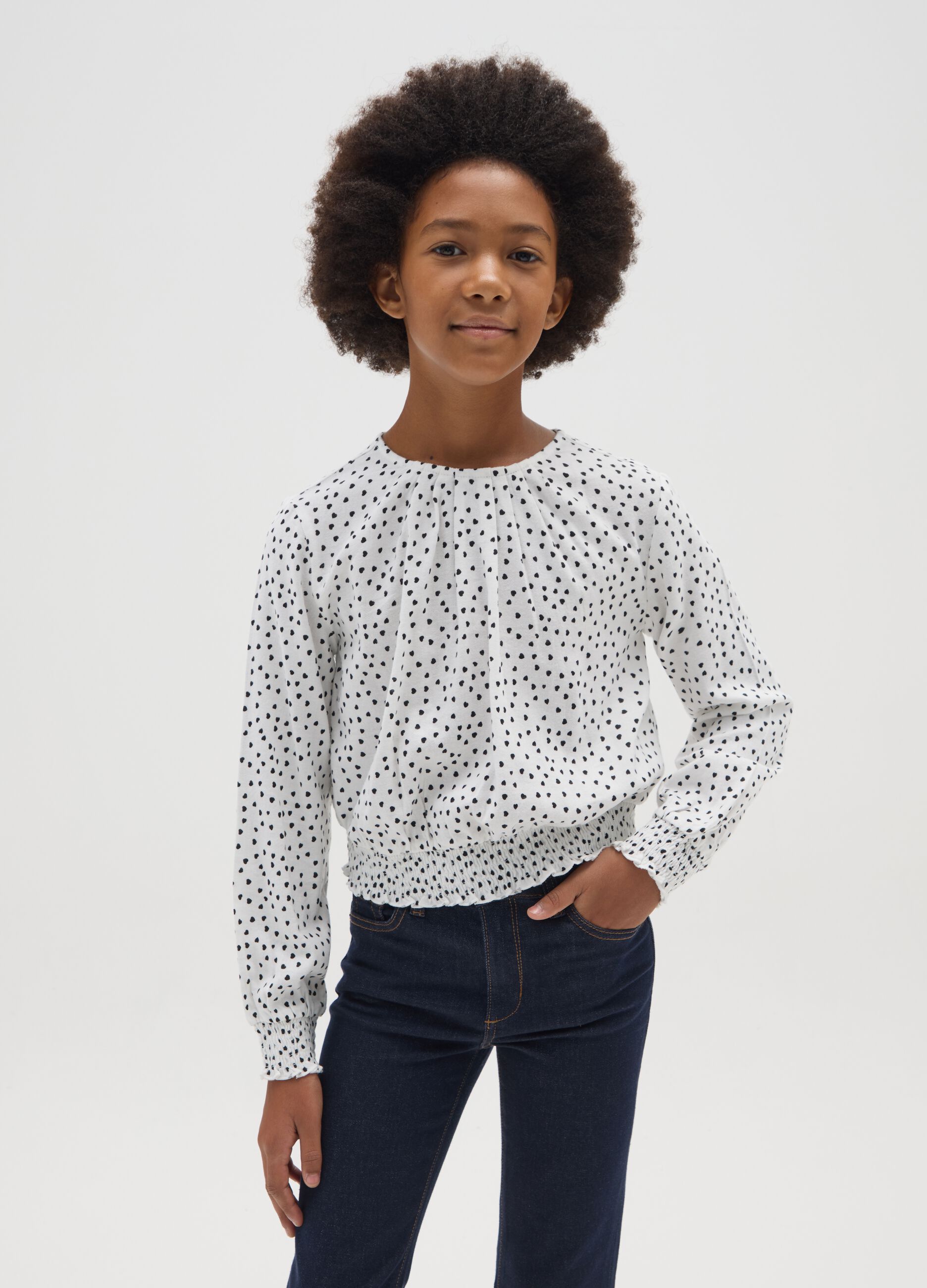 Girls' white polka dot blouse in cotton blend