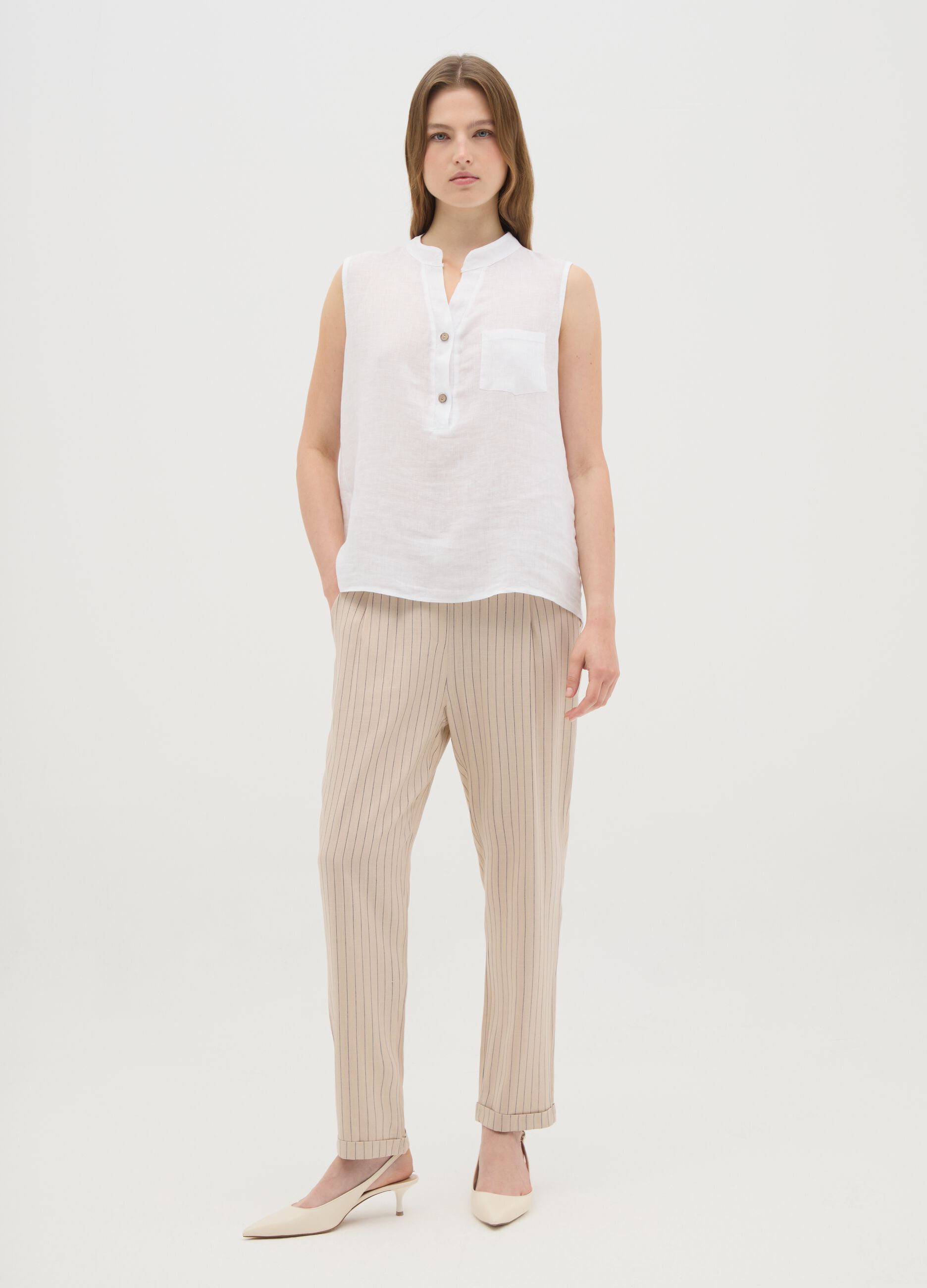 Women's beige viscose blend trousers, regular fit