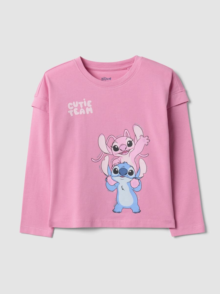 T-shirt rosa in cotone elasticizzato con stampa Lilo & Stitch per bambina_0