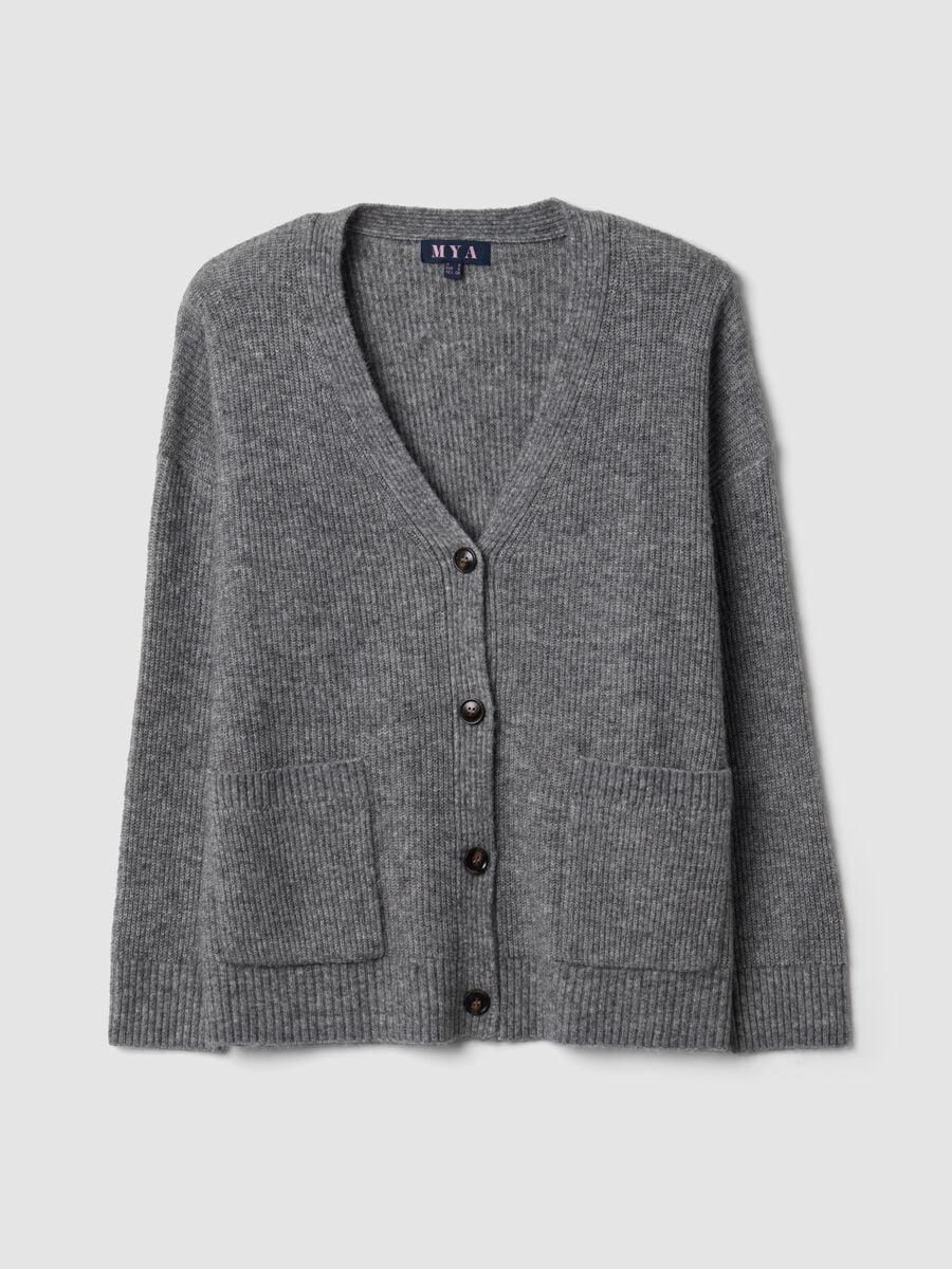 Cardigan grigio in tessuto elasticizzato con scollo profondo a V_4