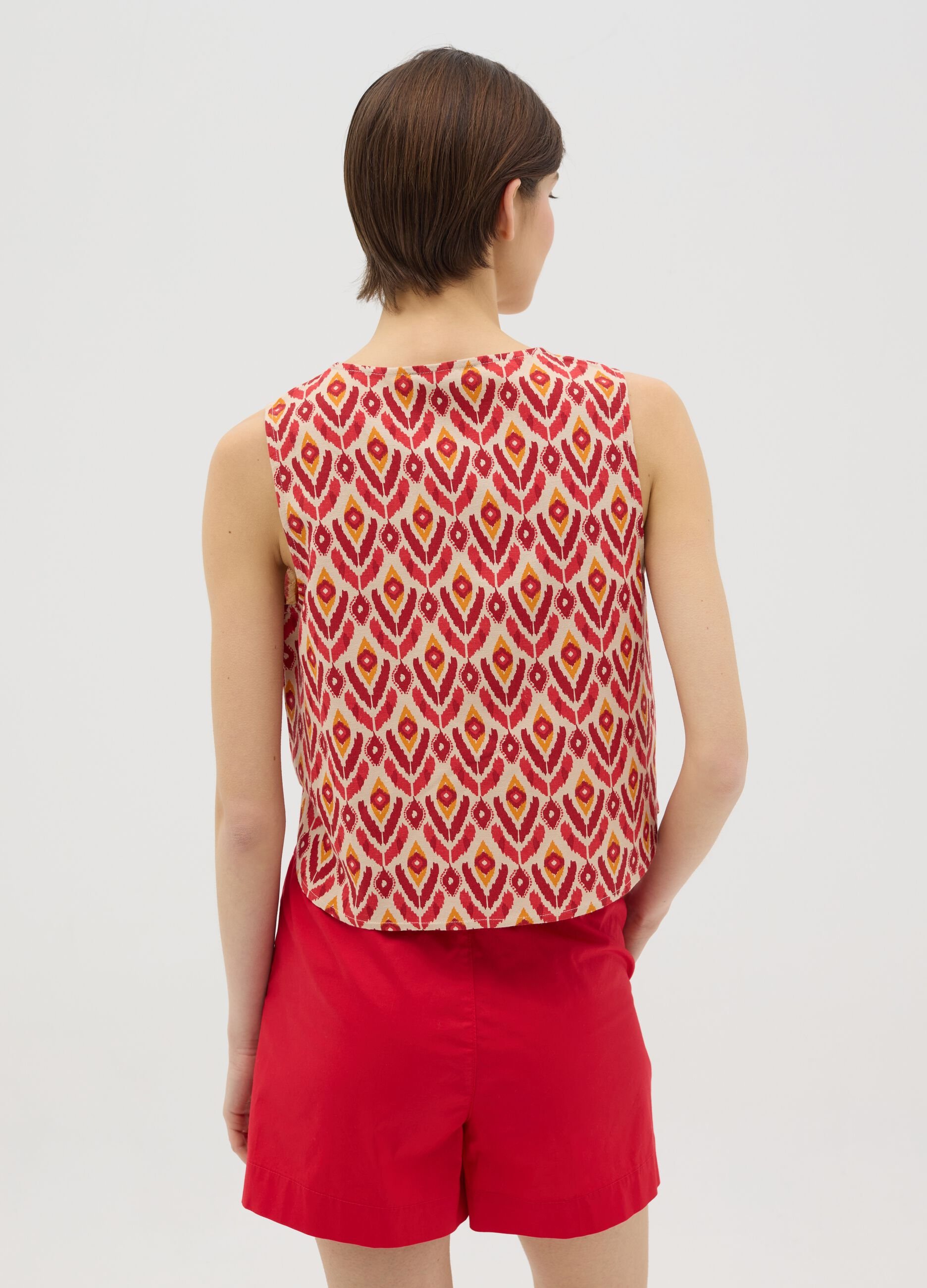 Beige tank top with ethnic pattern