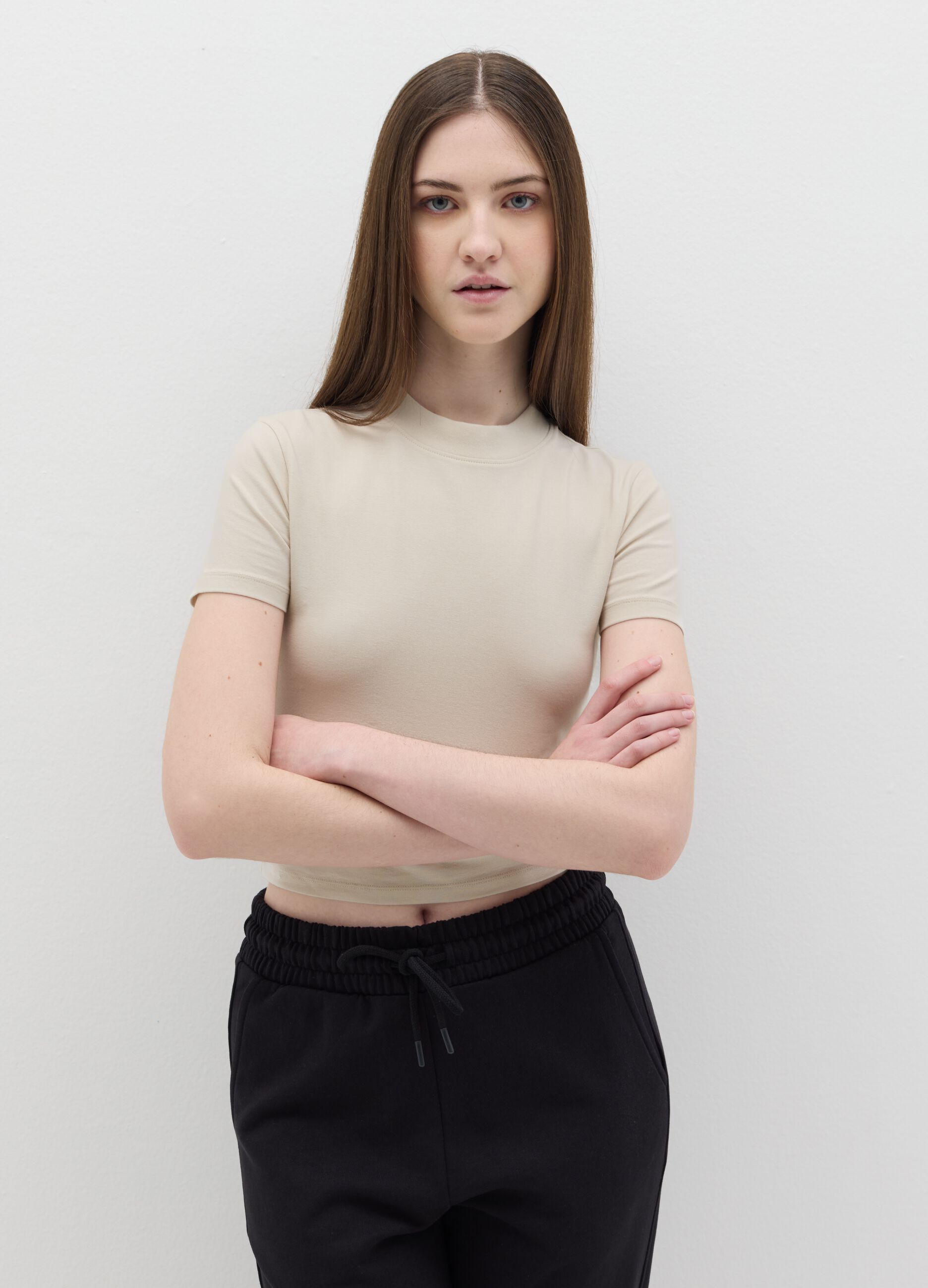 Stretch cotton T-shirt with mock neck