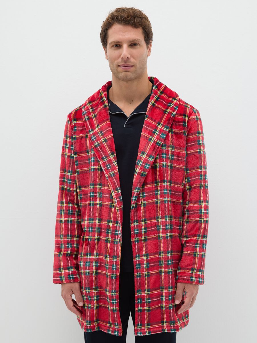 Multicoloured plaid coral fleece dressing gown with belt_1