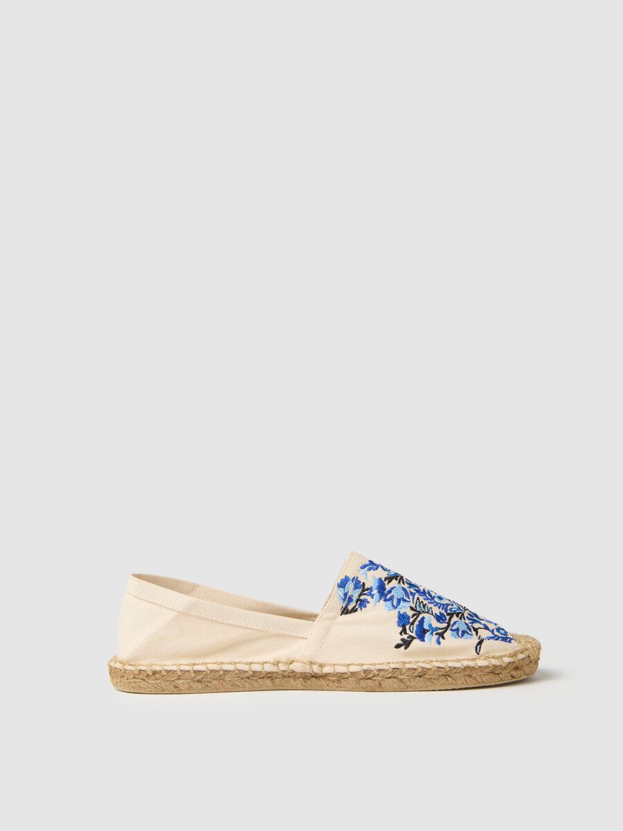 Women's beige multicolour cotton espadrilles with floral embroidery_0