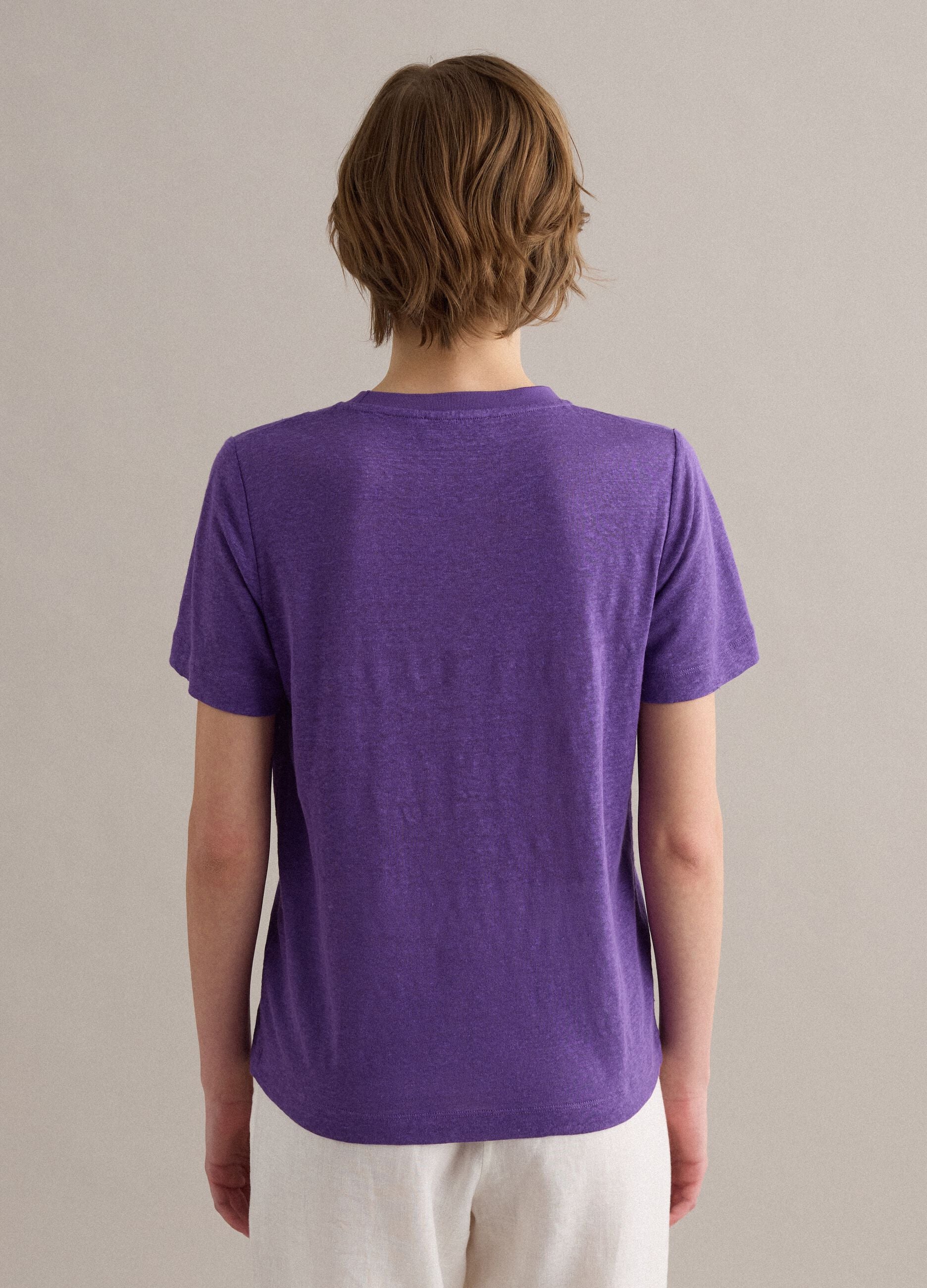 Purple pure linen regular-fit short-sleeve T-shirt