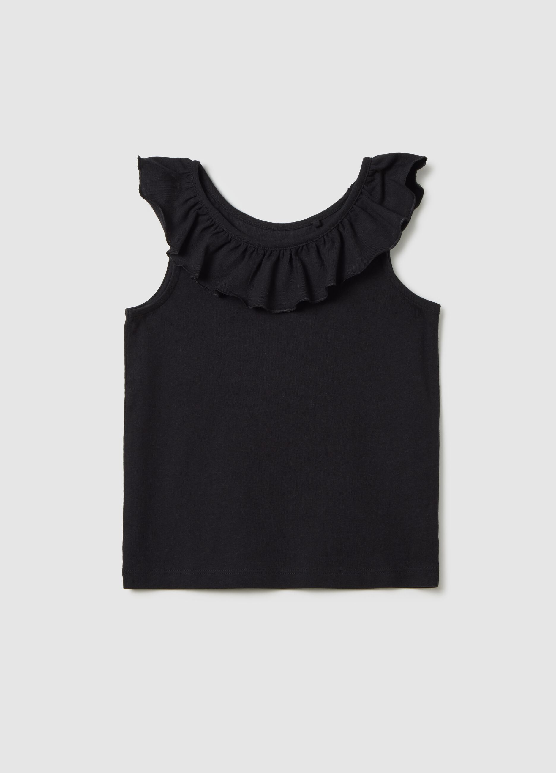Top da bambina in puro cotone nero regular fit con volant