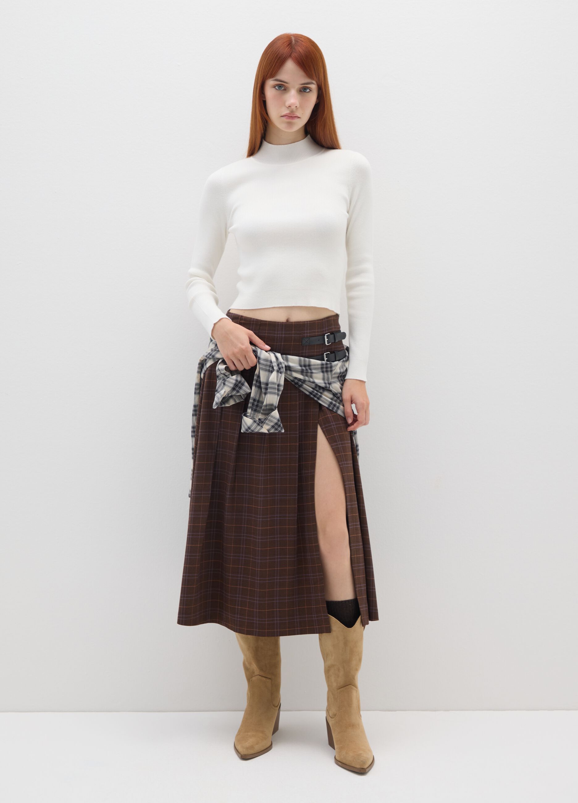 Brown Checked Long Skirt with Buckles