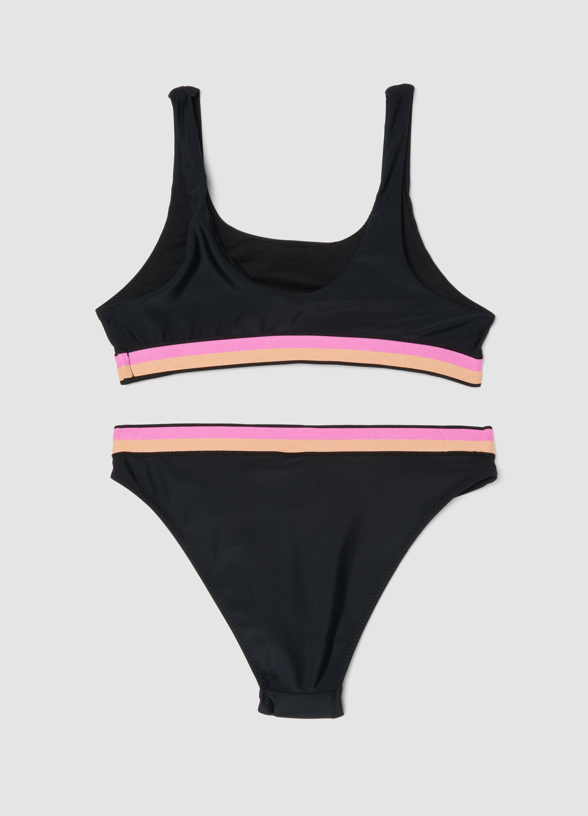 Black stretch-fabric bikini with contrasting band
