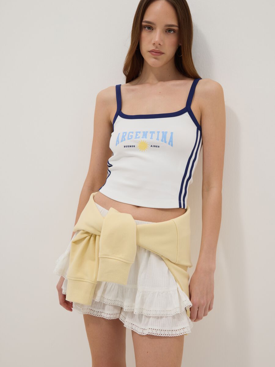 White stretch-cotton tank top with blue piping_0
