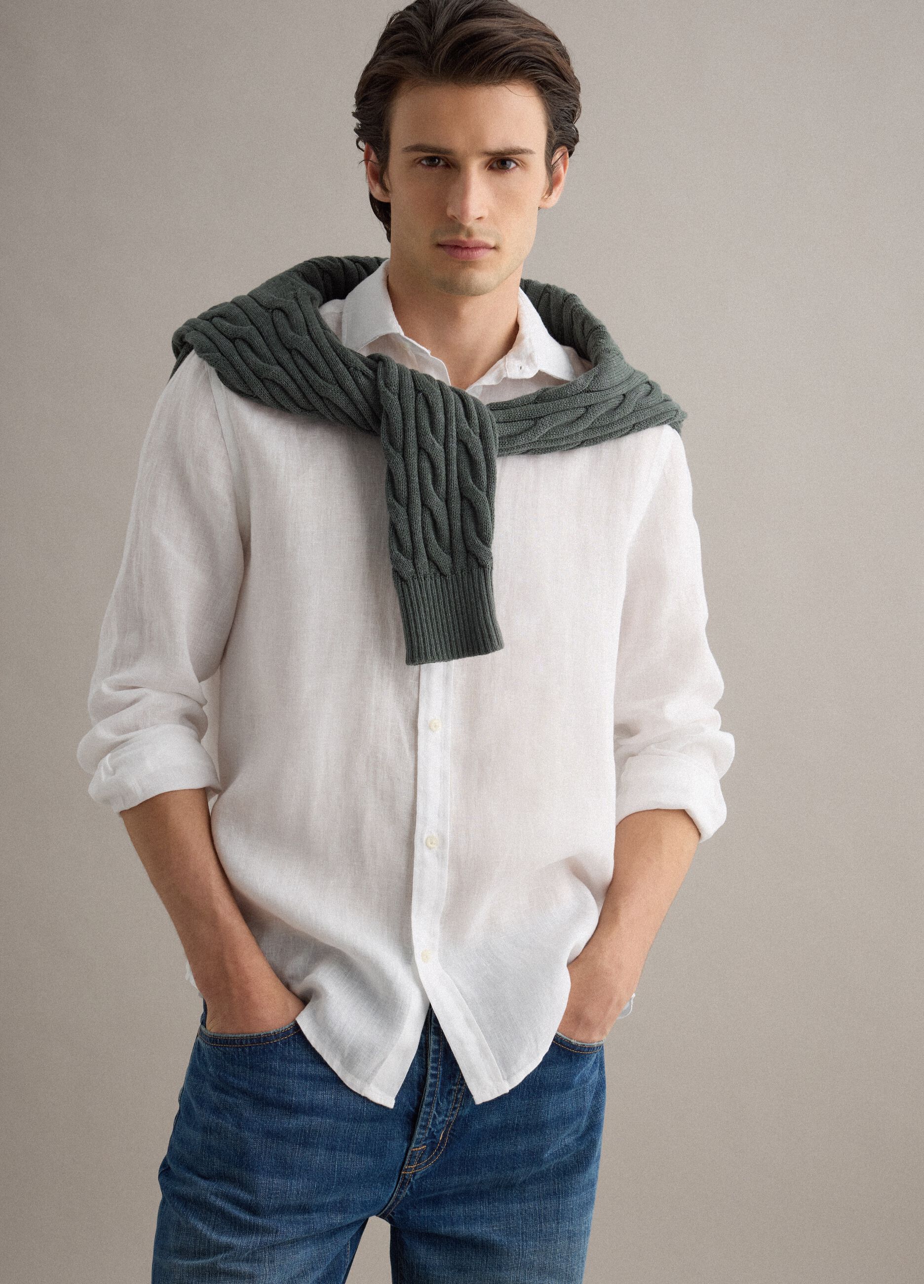 White Pure Linen Long-Sleeve Shirt, Regular Fit