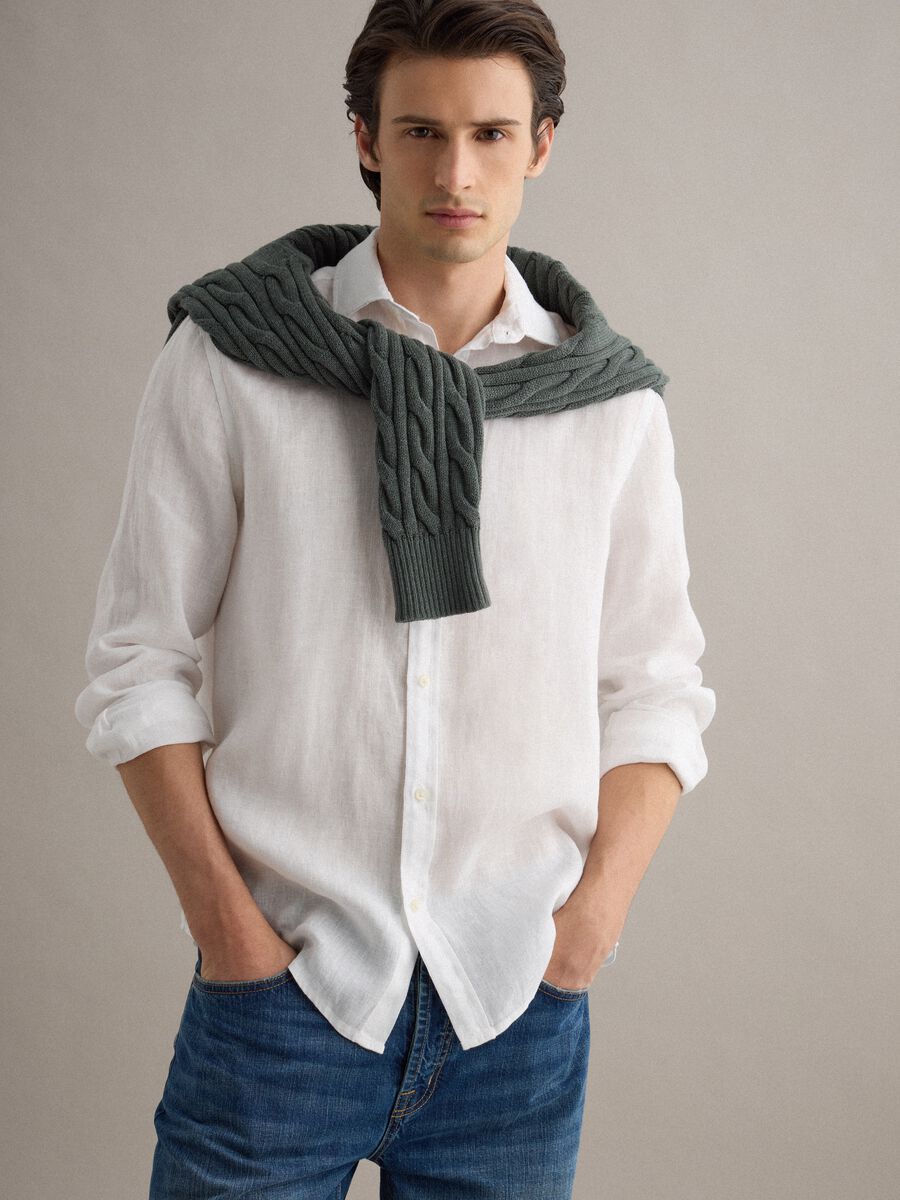 Camicia a maniche lunghe in puro lino bianca regular fit_0