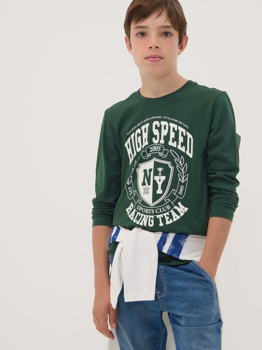 Green organic cotton T-shirt with varsity print_1