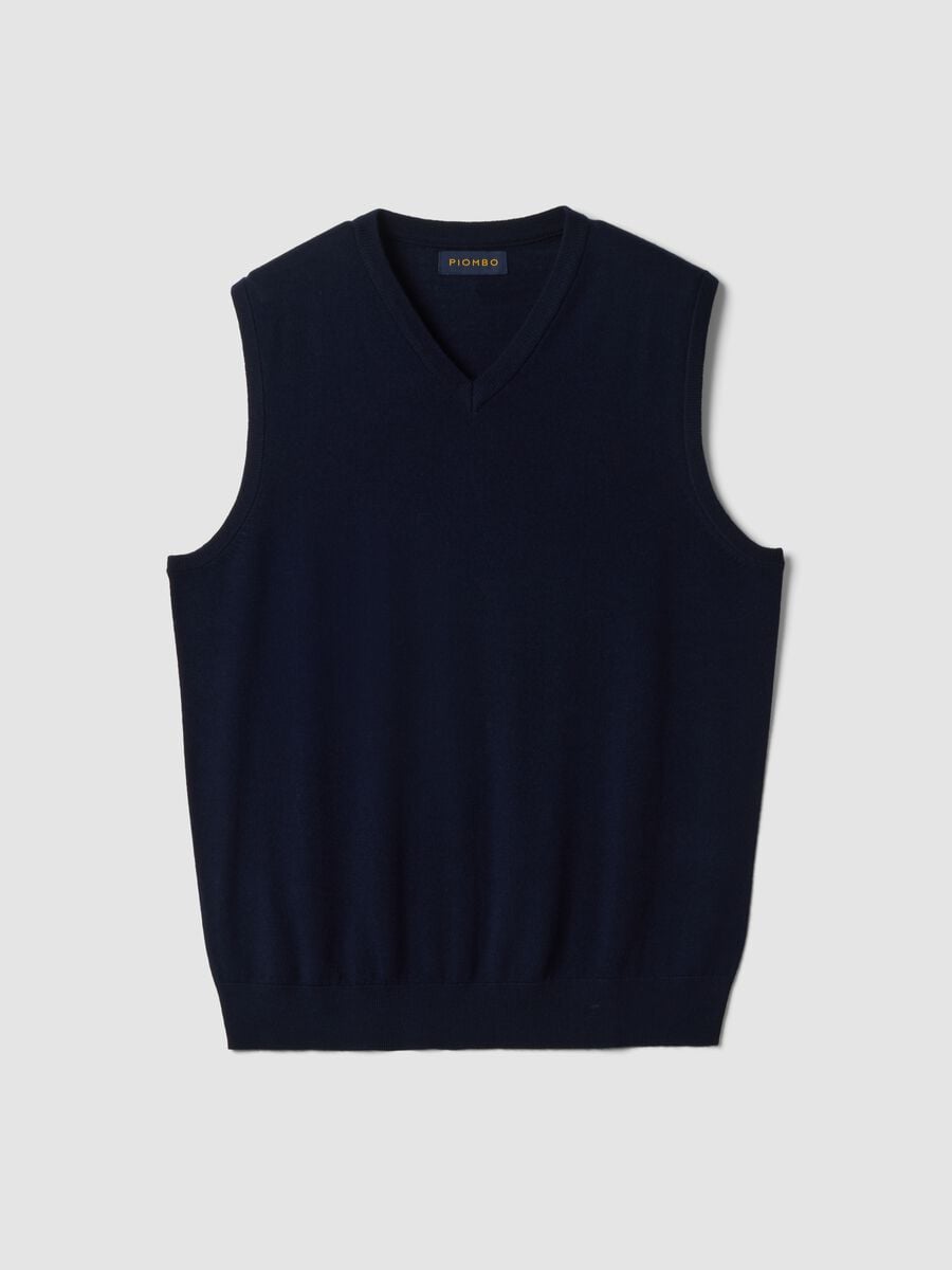 Navy blue pure merino wool gilet with deep V-neck, regular fit_0