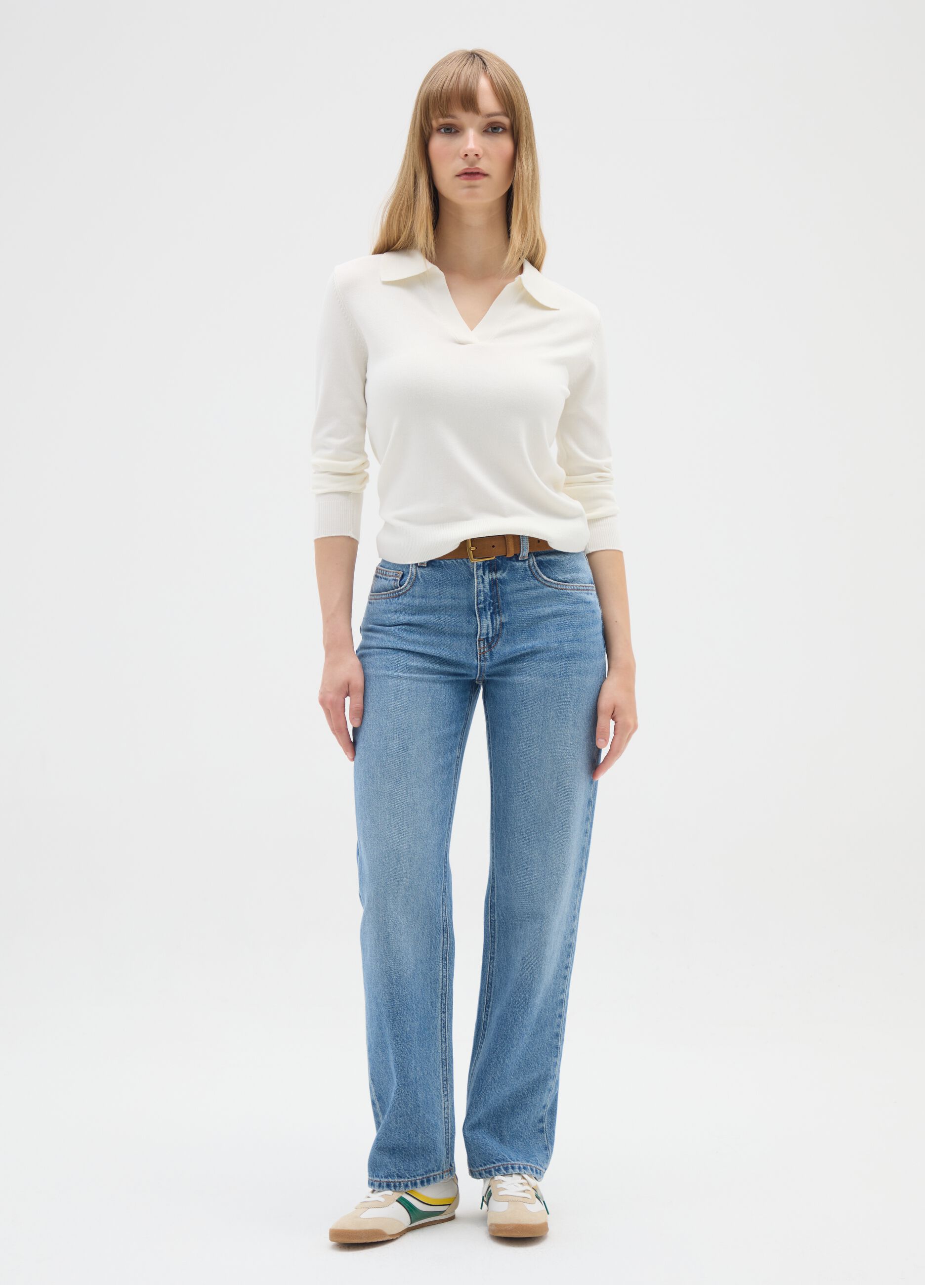 White Pullover with Polo Collar