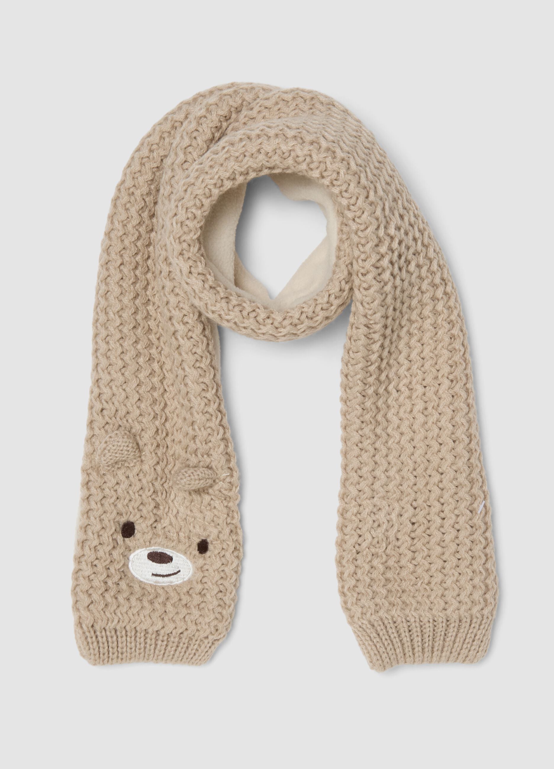 Sciarpa beige lavorata a maglia con orsetto