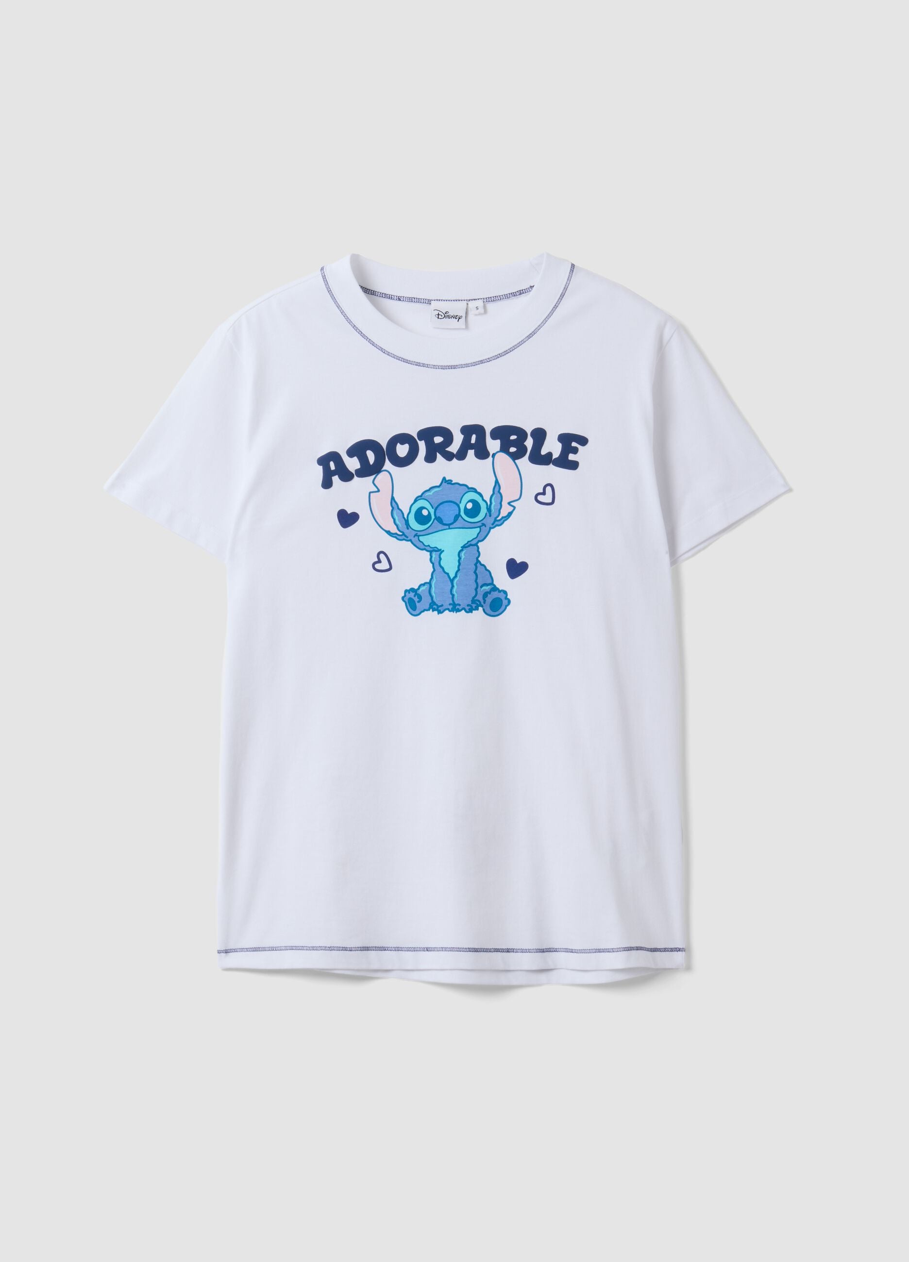 White pure cotton T-shirt with Stitch print, regular fit