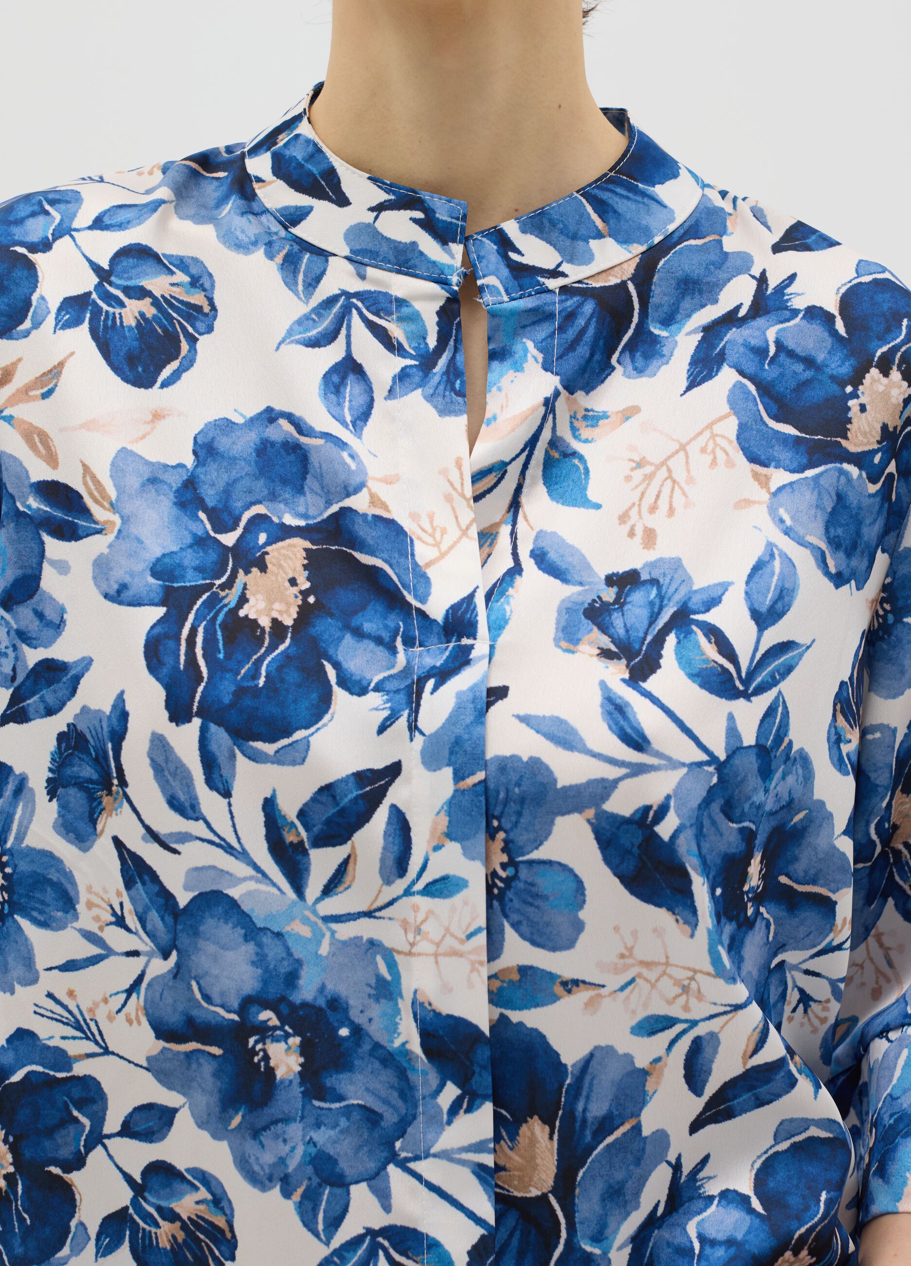 White and blue floral blouse with kimono sleeves