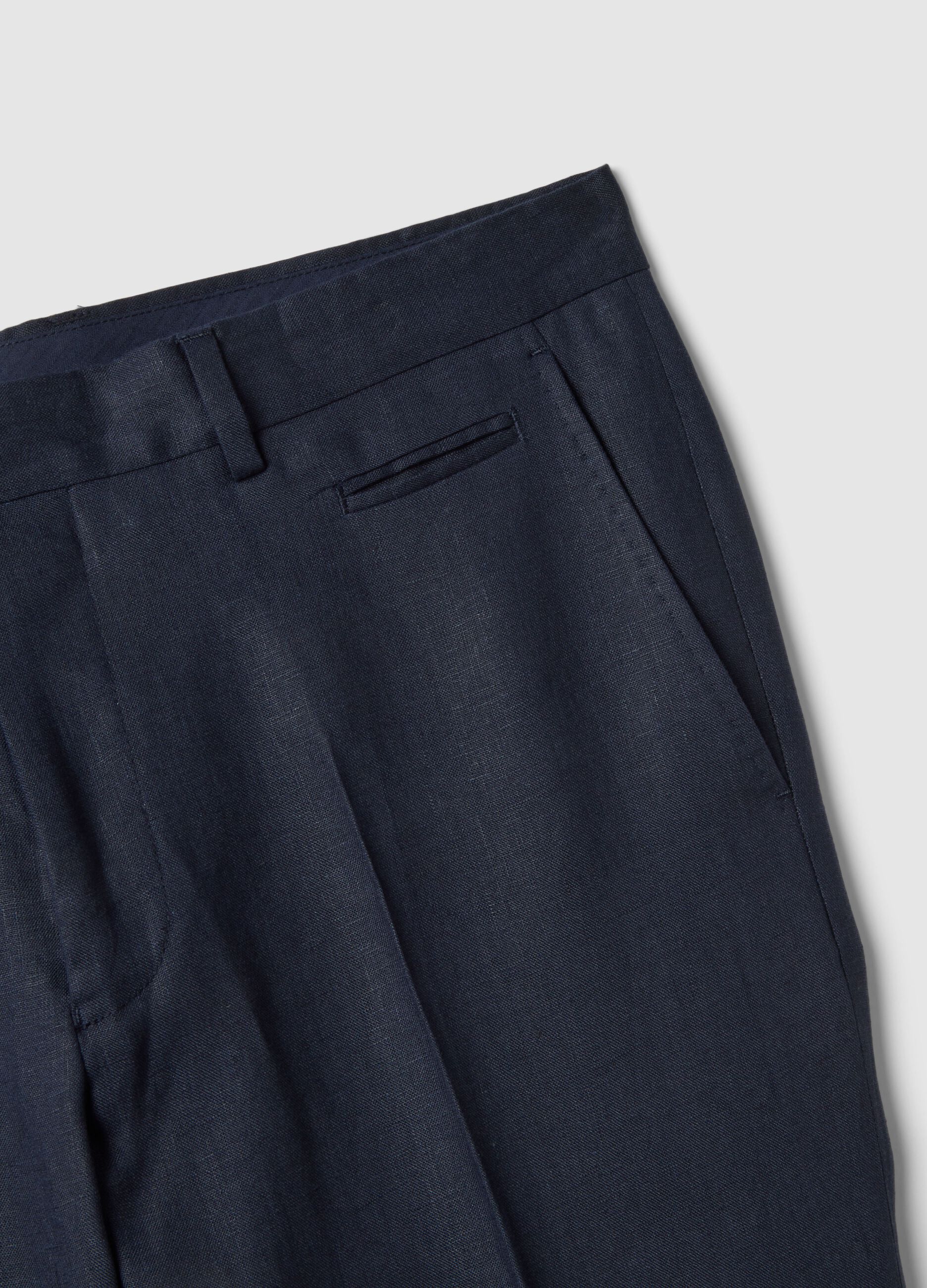 Regular fit pure blue linen trousers