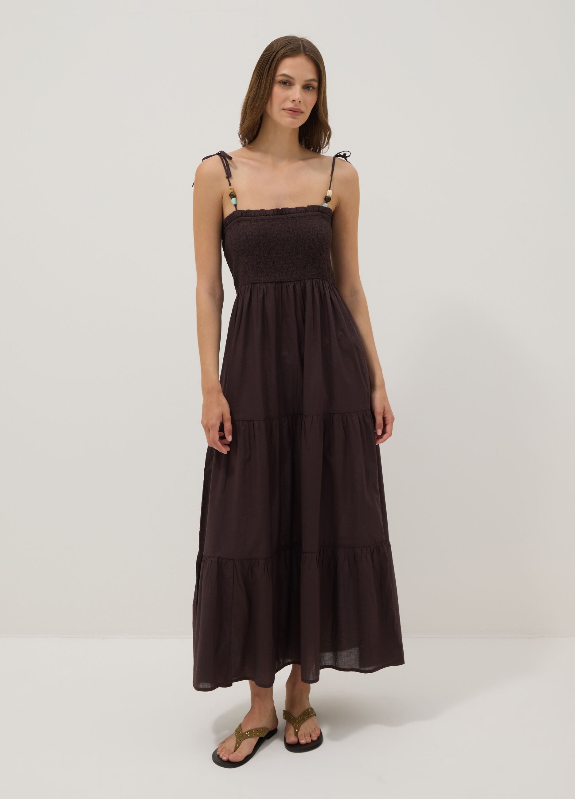 Long brown pure cotton kaftan with thin straps