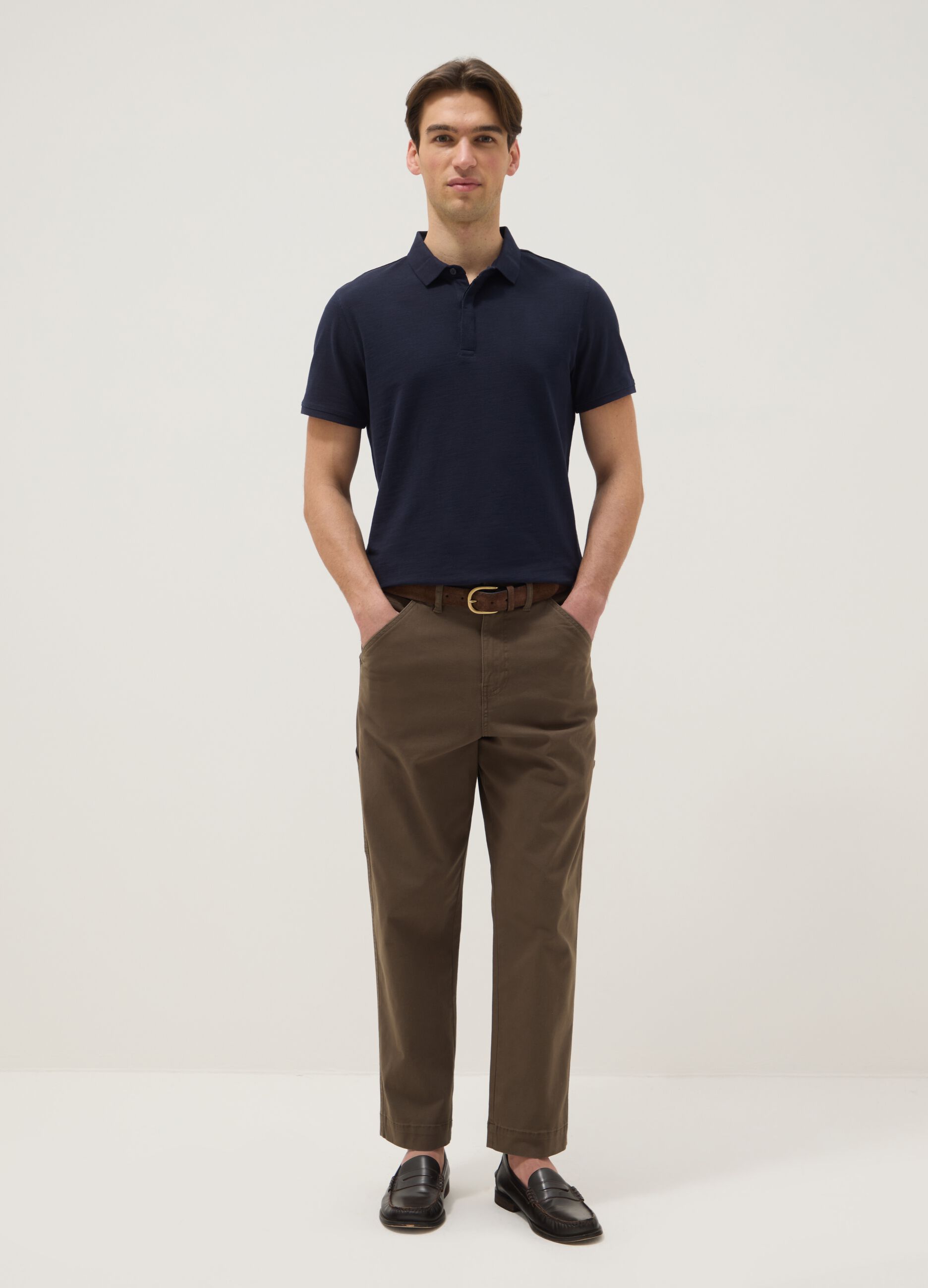 Short-sleeved blue pure cotton polo regular fit