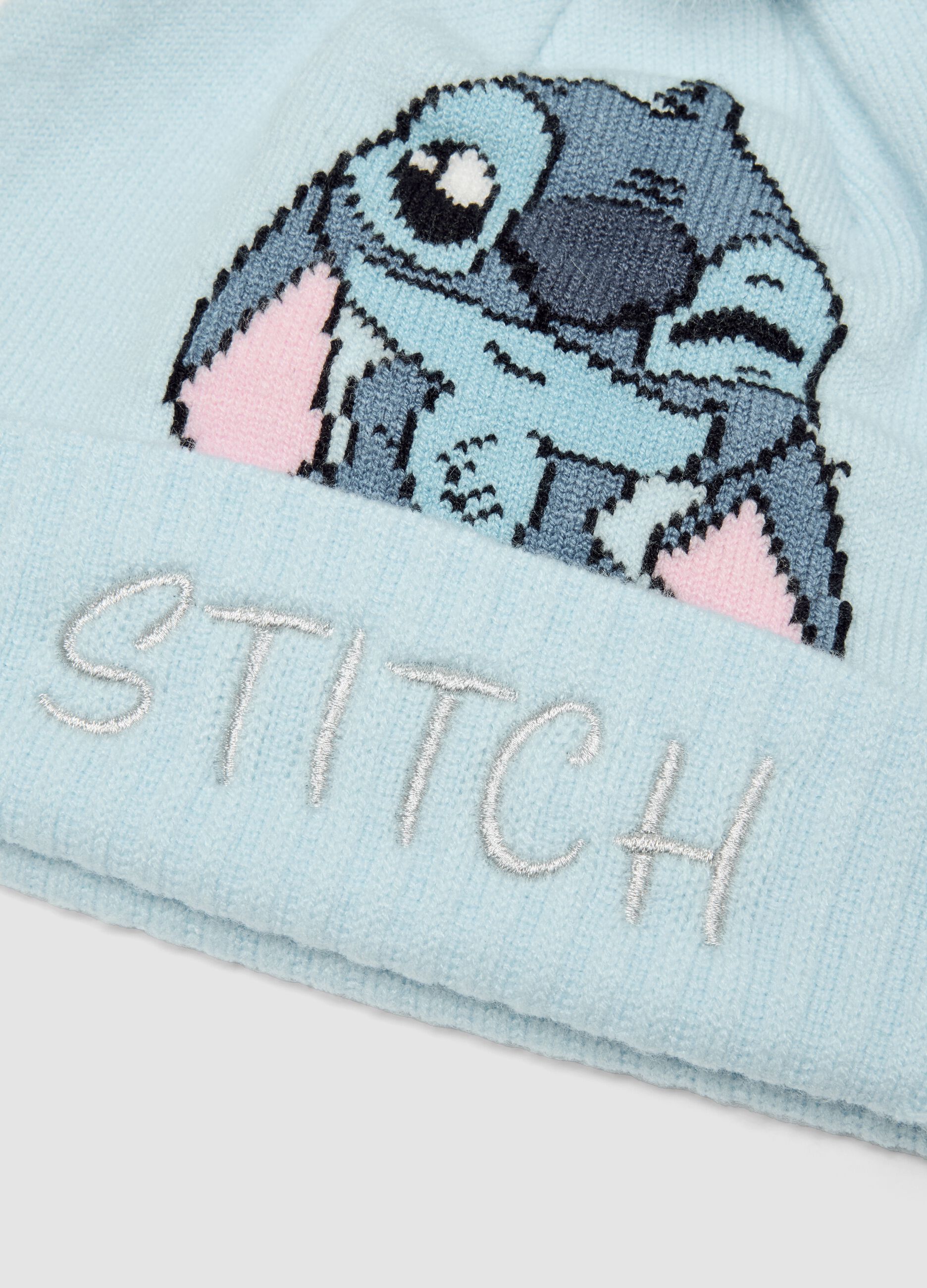 Light Blue Stretch Viscose Beanie with Pom-Pom and Lilo & Stitch Print
