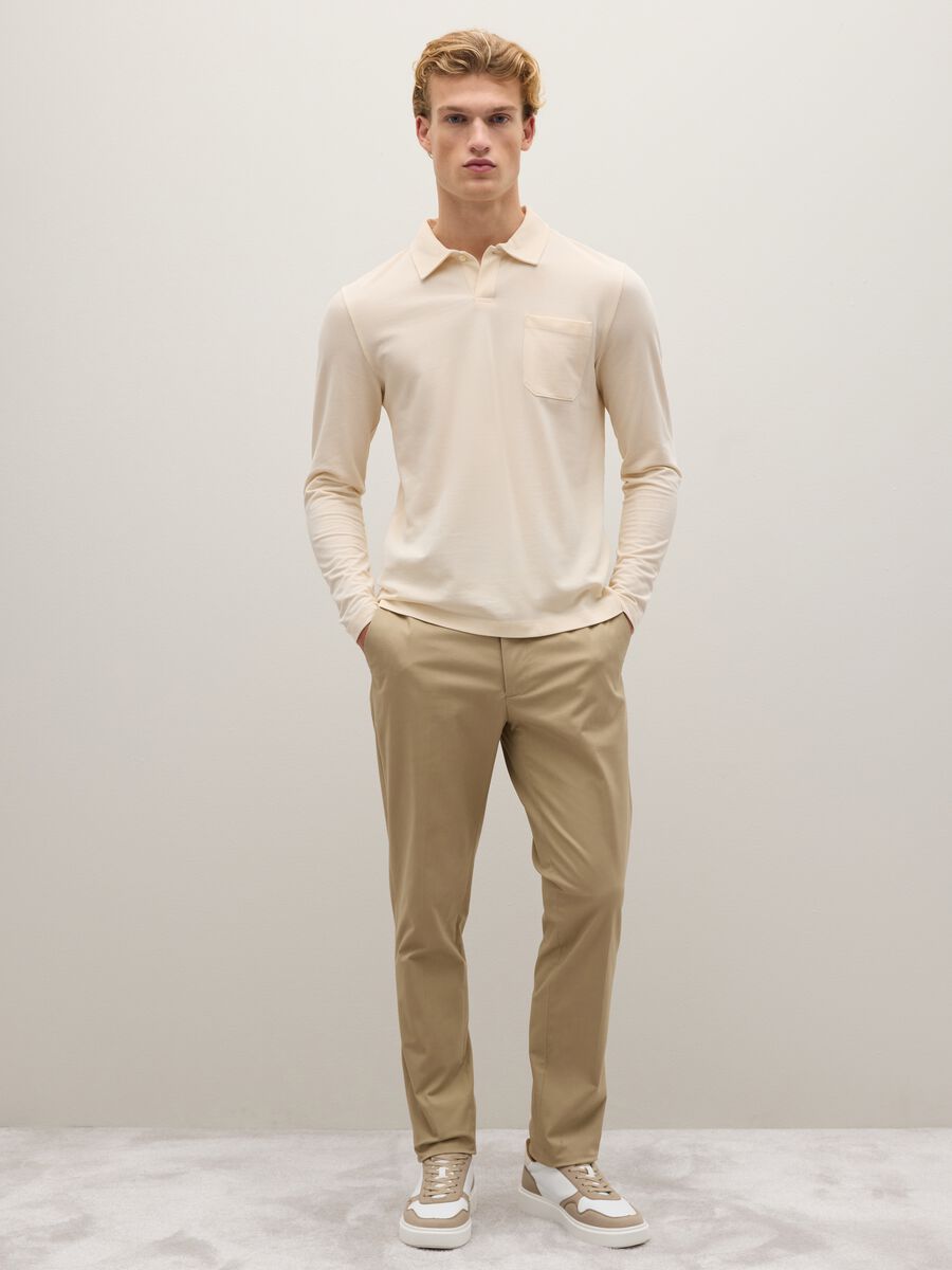 Beige regular fit twill and stretch cotton trousers_0