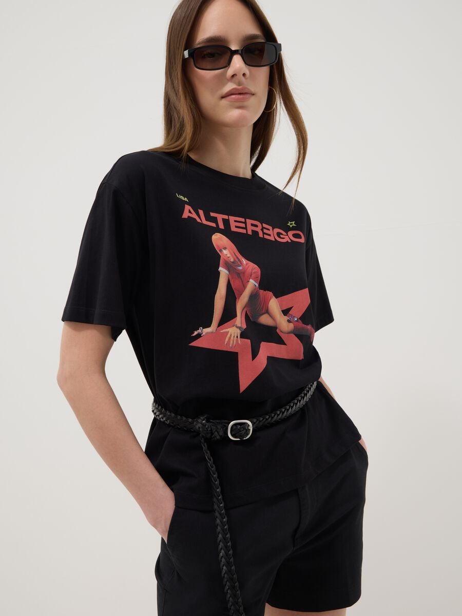 T-shirt nera a maniche corte in puro cotone con stampa grafica regular fit_1