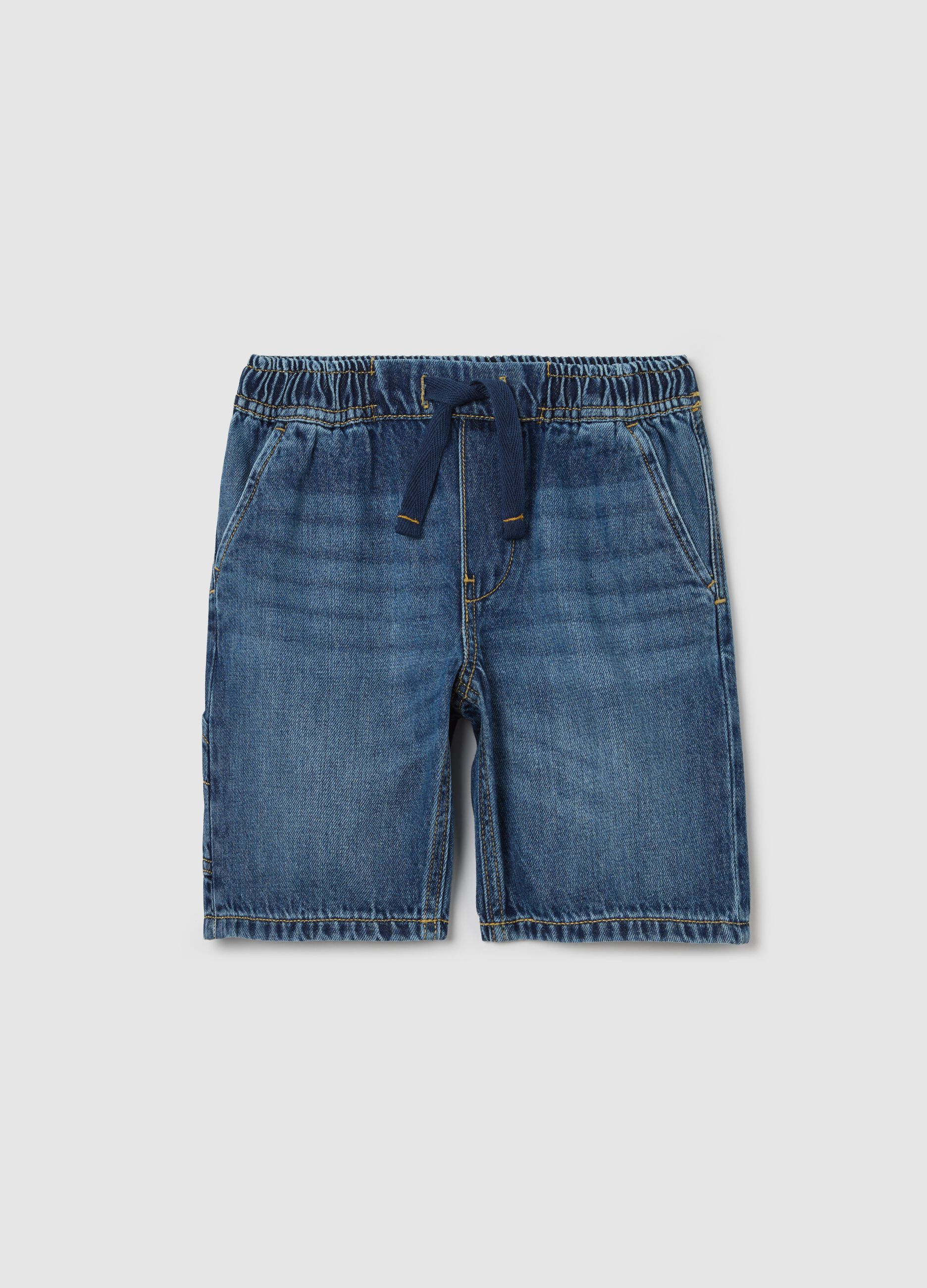 Denim Bermuda joggers with pockets and drawstring