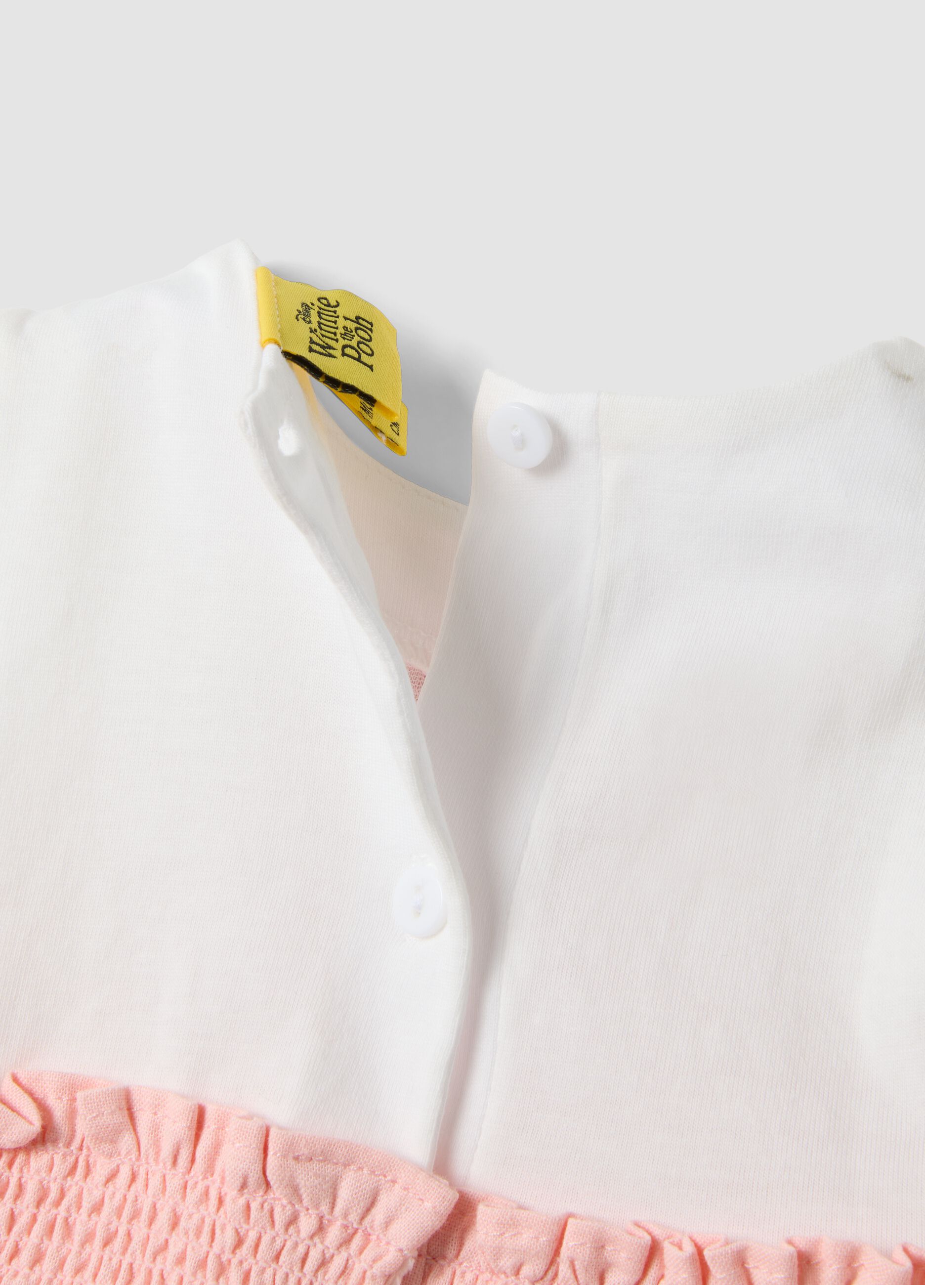 Pink cotton-linen blend romper with Winnie the Pooh embroidery for baby girl