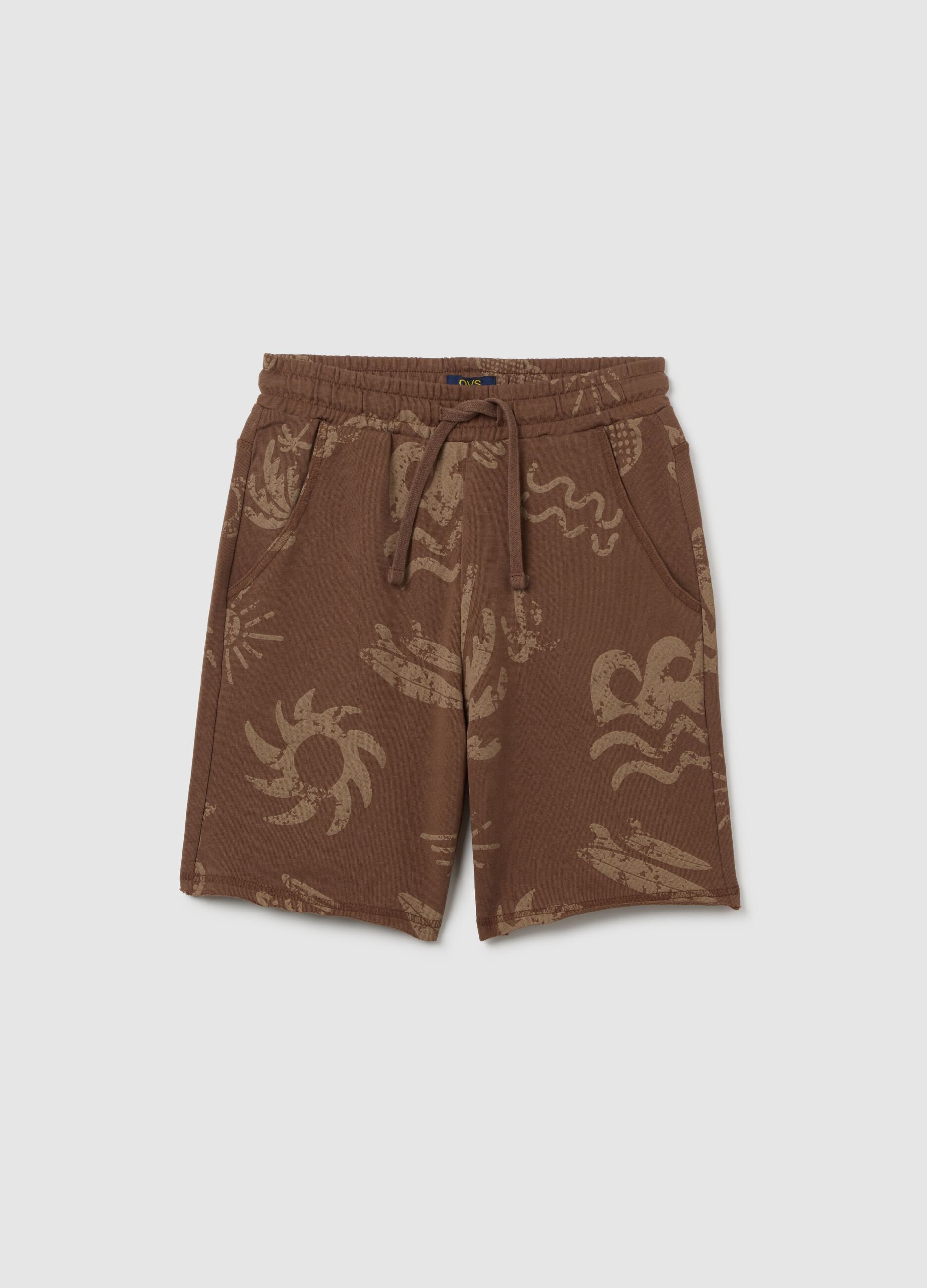 Brown boys' cotton shorts with regular fit print